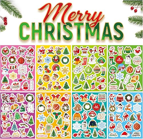 Miniatura 2 de Calcomanías navideñas para niños, 160 unidades, 8 hojas, vinilo que no se repite, decoraciones impermeables: árbol, copo de nieve, Papá Noel, alce y