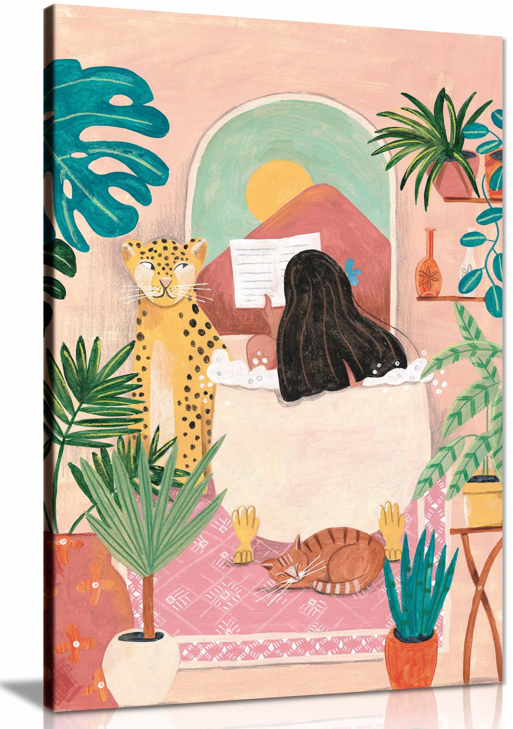 Panther Print Framed Canvas Woman Taking Bath In Pink Tropical Bathroom Canvas Print, Framed Wall Art Pictures For Home Decor 76X51cm (30X20in)