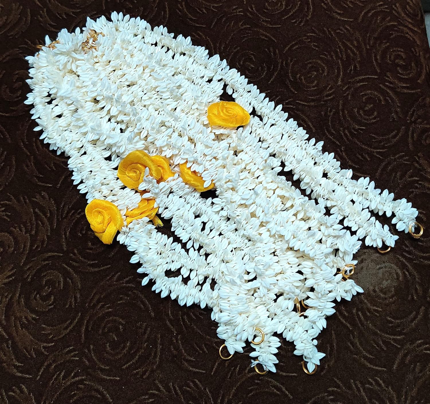 Pretty Charming Gajra/Jasmine Garland Mala with Real Jasmine fragrance for women, used as hair accessories set of 12, 6 yellow flower and 6 white, with a surprise freebie