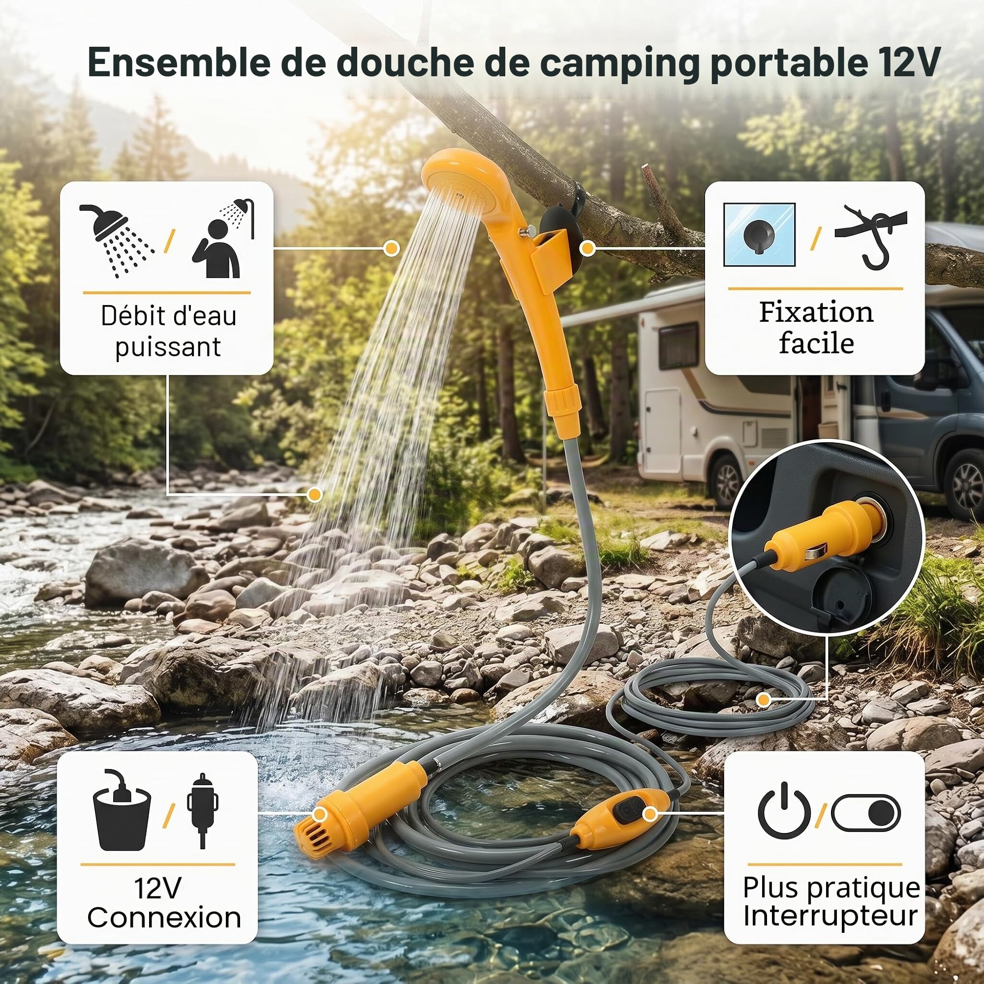 Douche de Camping 12V avec Pompe Submersible, Adaptateur Voiture, Tuyau 2m et Câble 5m, pour Camping, Jardin, Voiture, Animal Domestique