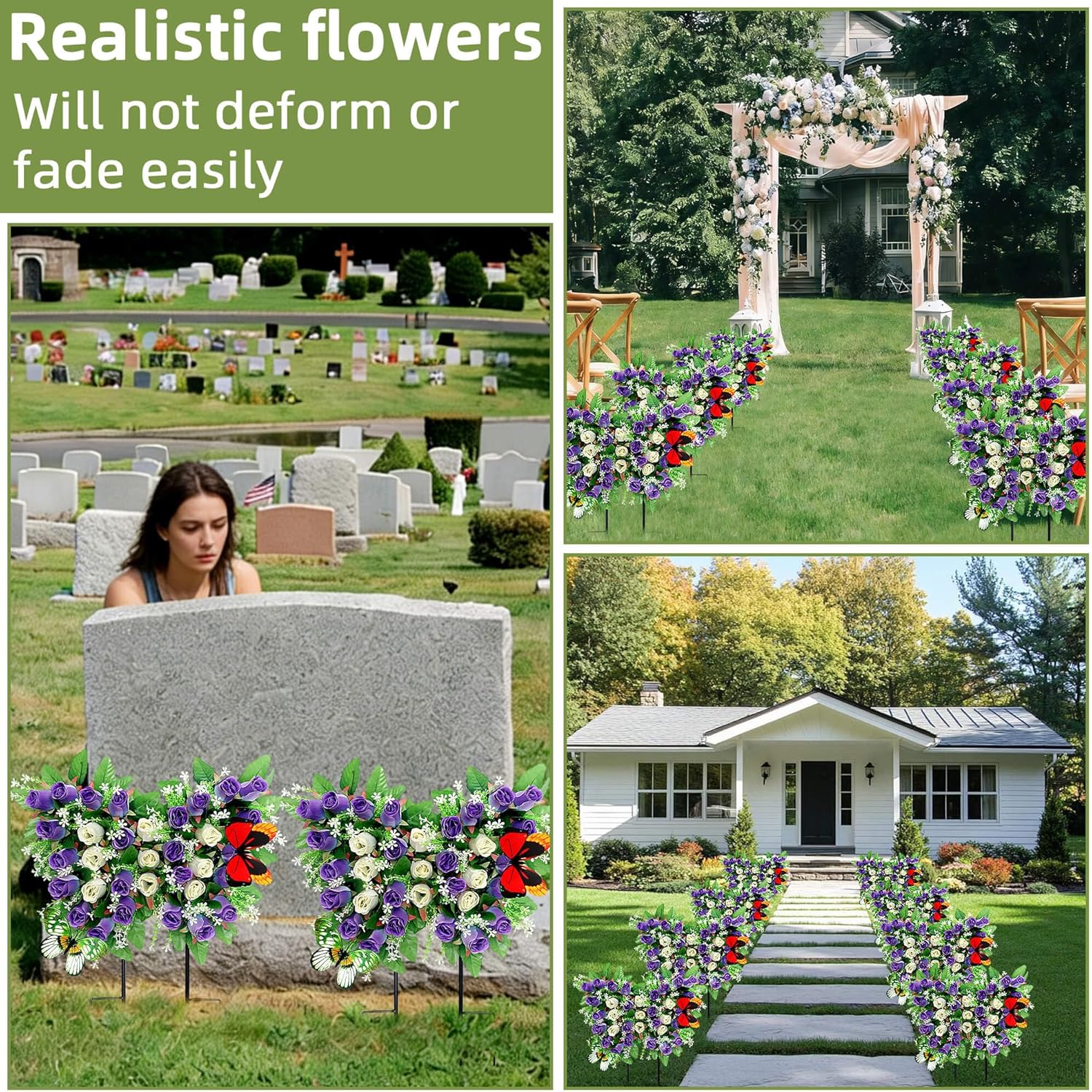 Lodou Butterfly-Shaped Cemetery Flowers for Grave – Realistic Memorial Floral Arrangement with Ground Spikes, Artificial Cemetery Flowers for Cemetery Decorations (Purple)