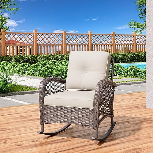 MeetLeisure Mecedora de mimbre para patio, silla mecedora de ratán para todo tipo de clima, con diseño mecedor seguro y cojines de tela de primera