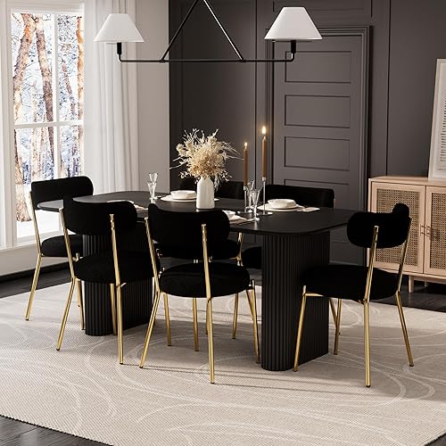 Miniatura 3 de RGZ Juego de mesa de comedor ovalada moderna de 71 pulgadas para 6, mesa de cocina rectangular negra de 7 piezas y 6 sillas tapizadas en oro negro,