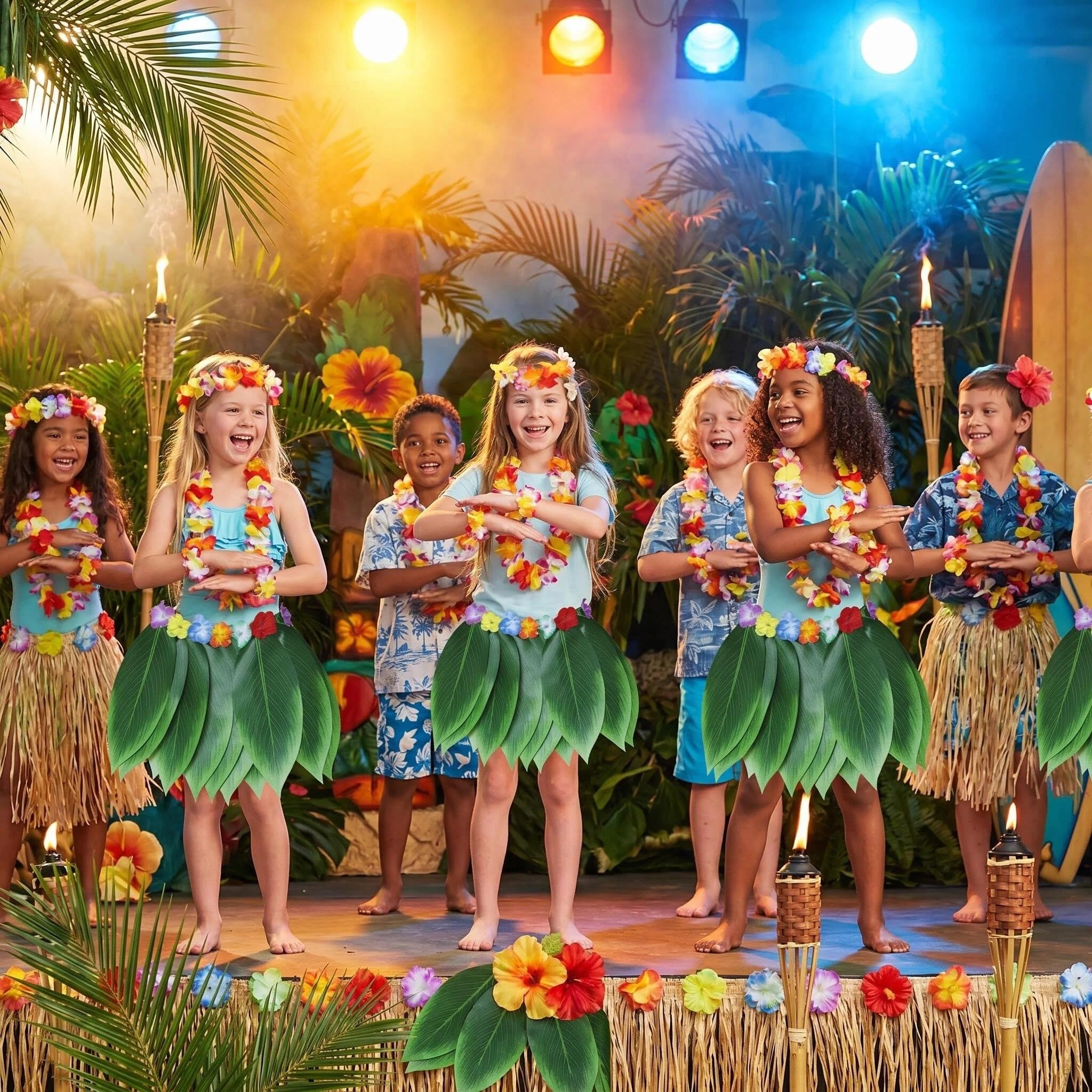 Gonna Hula Foglia Hawaiana con Collana di Fiori, Fascia, Braccialetto, Costume Festa Fancy Dress Hawaiana, Luau Gonna Hula per Bambini Adulti Festa Spiaggia Estive Danza Festa di Carnevale