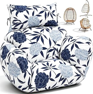 Waterproof Egg Chair Cushion Replacement 47x31.5x4.7" Thicken Blue Fairy | Hanging Egg Swing Chair Pad, Indoor Outdoor Use, Wicker Rattan Hammock Basket Fit, Built-in Headrest Pillow