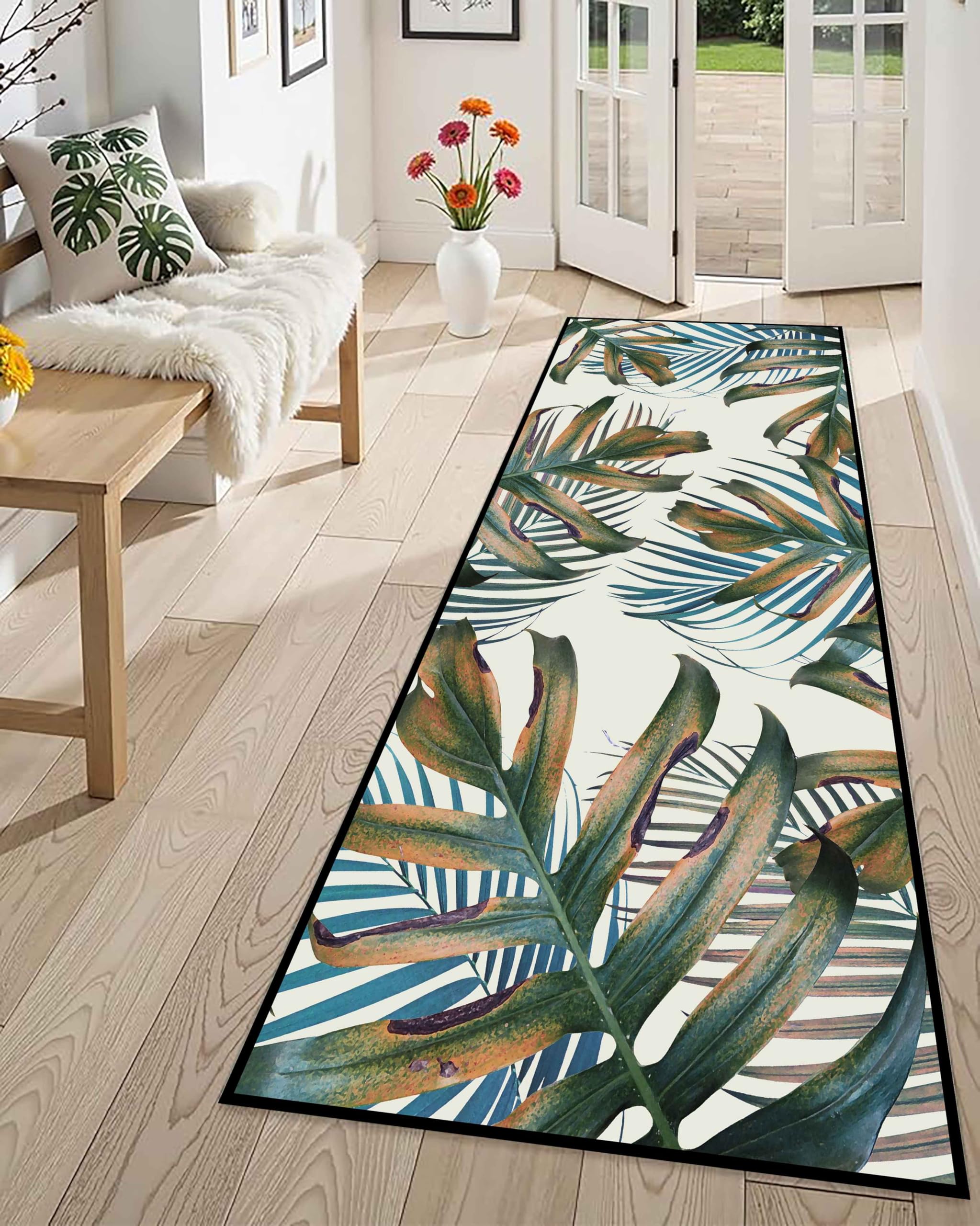 Leaf Hallway Runner Rug,80x300cm, Modern Palm Leaf Burnt Monstera Entrance Long Area Rug, Summer Rainforest Leaf Pattern Rugs, Non-Slip Washable Kitchen Rugs Runner for Living Room Bedroom Office — image 1