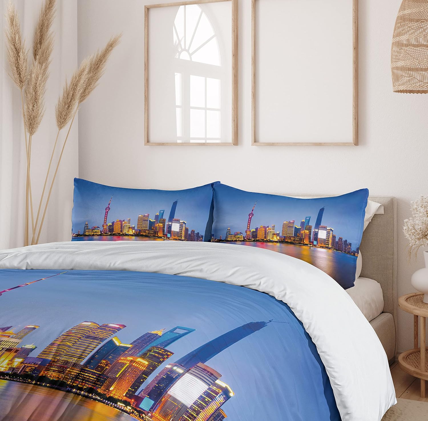 Ambesonne Urban Duvet Cover Set, City Skyline of Shanghai China on Huangpu River Dusk Famous Travel Destination, Decorative 3 Piece Bedding Set with 2 Pillow Shams, Queen Size, Blue Pink Yellow