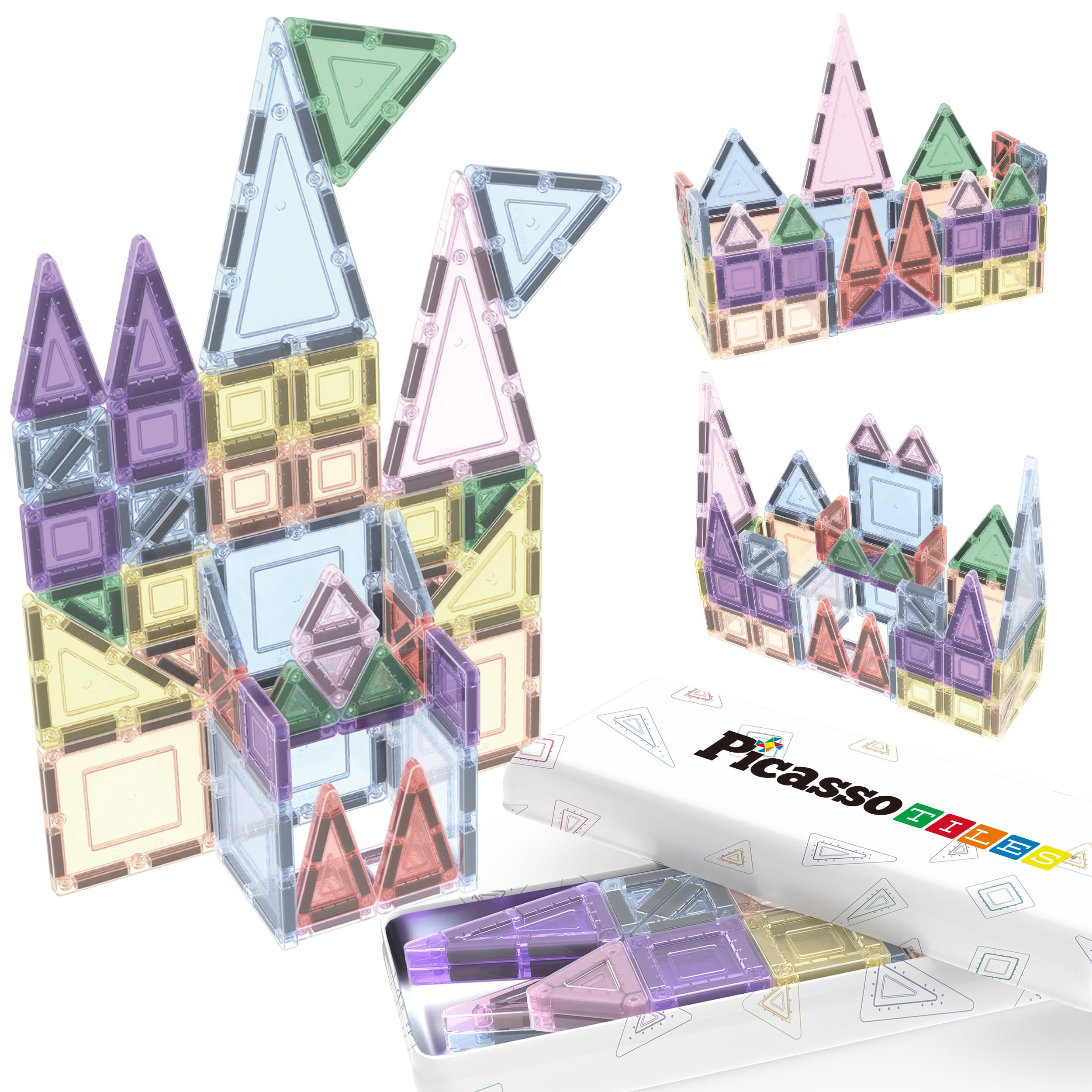PicassoTiles 50PC Magnetic Tiles Travel Set Nano + Original Size Construction Building Block 2-in-1 Tile Collection with Tin Box Storage Case Montessori STEM Activity Learning Kit Kids Ages 3+ PN12 50pc Travel Tin