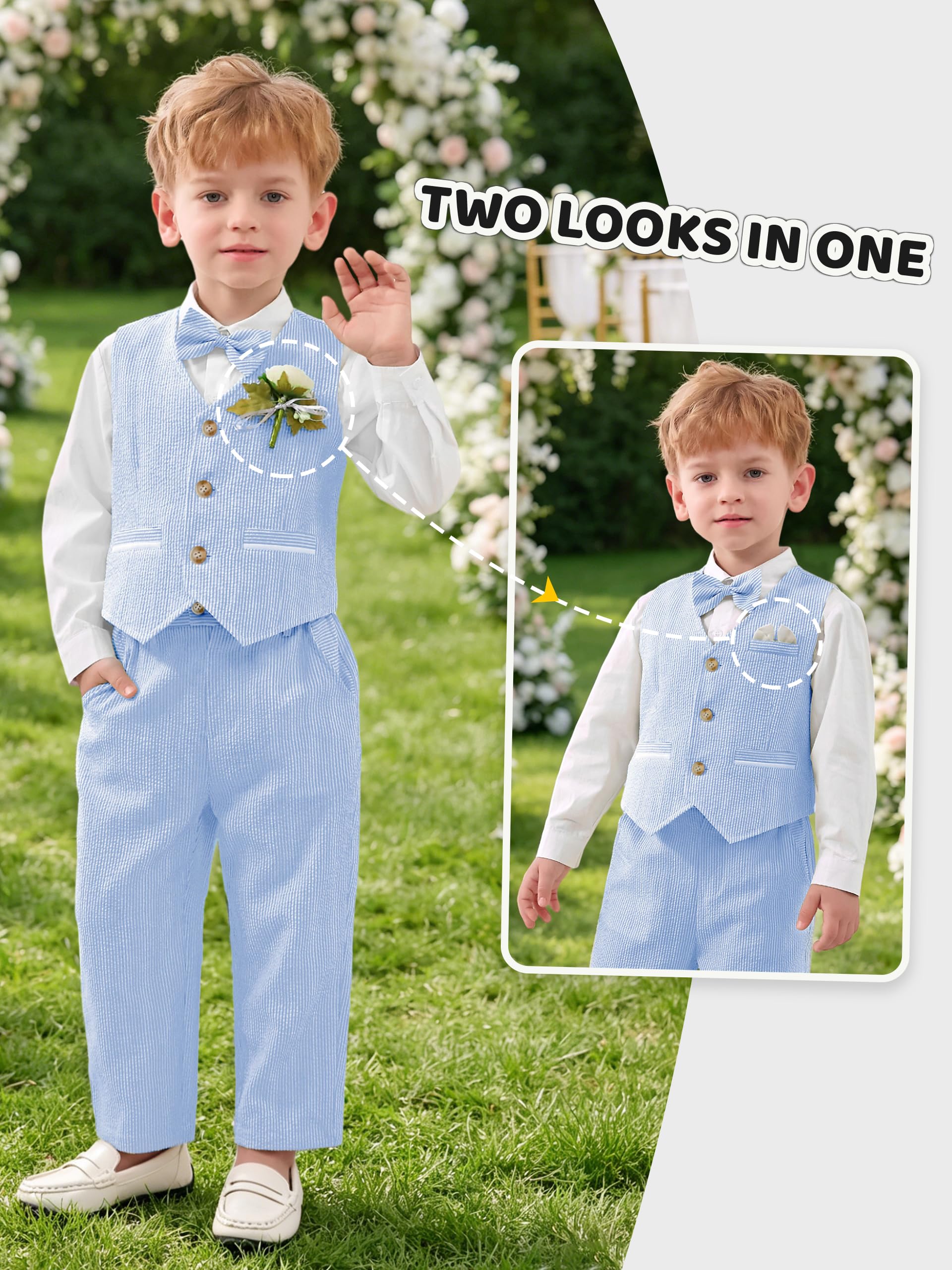 Volunboy Baby Jungen Anzug, 5-TLG Elegantes Hochzeit-Set mit Weste, Hemd, Hose, Boutonnière und Papillon