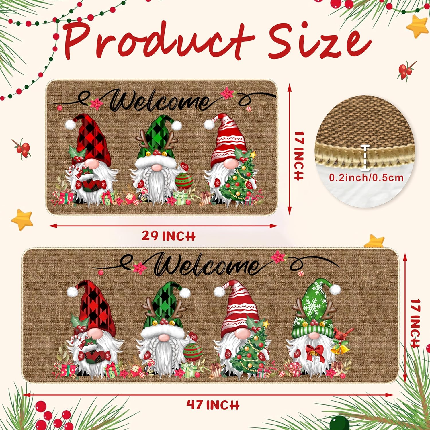 TREWAVE Christmas Kitchen Rugs Gnomes Door Mat Set of 2 Decorative Non-Slip Welcome Floor Mat Low-Profile Holiday Home Bathroom Decoration (17x29 17x47 Inch)