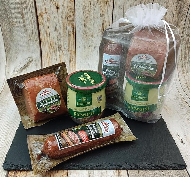 Pakiet kiełbasy Oberlausitz | koszyk prezentowy szlachetna salami i wędzona szynka w jednym kawałku | koszyk na mięso i wędliny z kiełbasą w szklance Turyngii Rotwurst | dostępny jako kosz na prezent