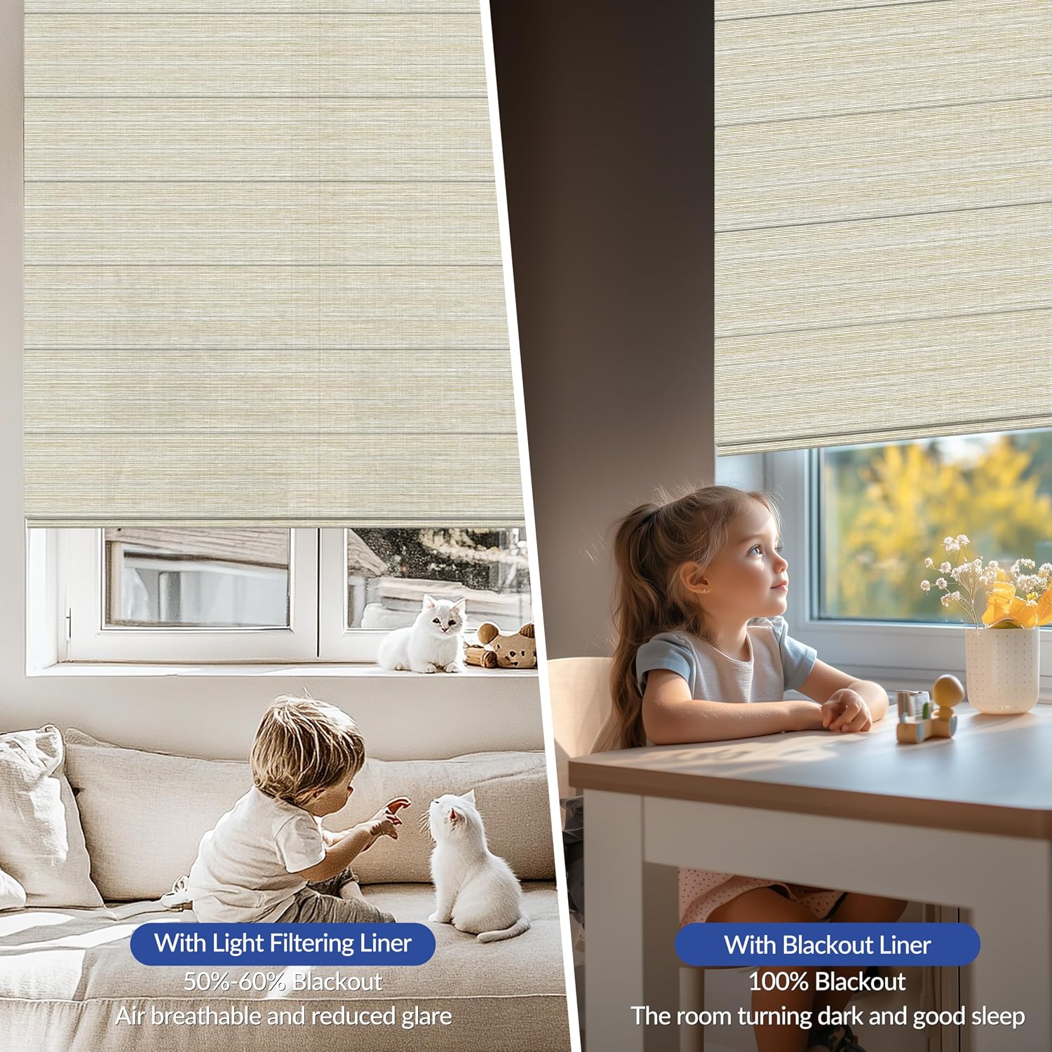 No Drill Cordless Roman Shades: Blackout Insulated Roman Blinds for Indoor Windows, No Tools Pull Down Shades for Bedroom Living Room Office, Beige, 34" W x 88" H