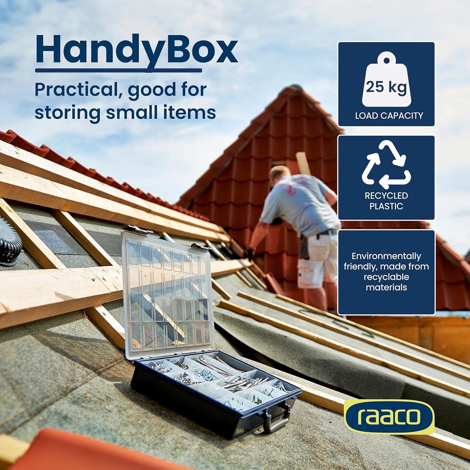 Raaco HandyBox Toolbox Storage & Carrying System – 4 Adjustable Grid Assorters, Durable Polypropylene (PP) Plastic Organizer for Hardware and Small Parts