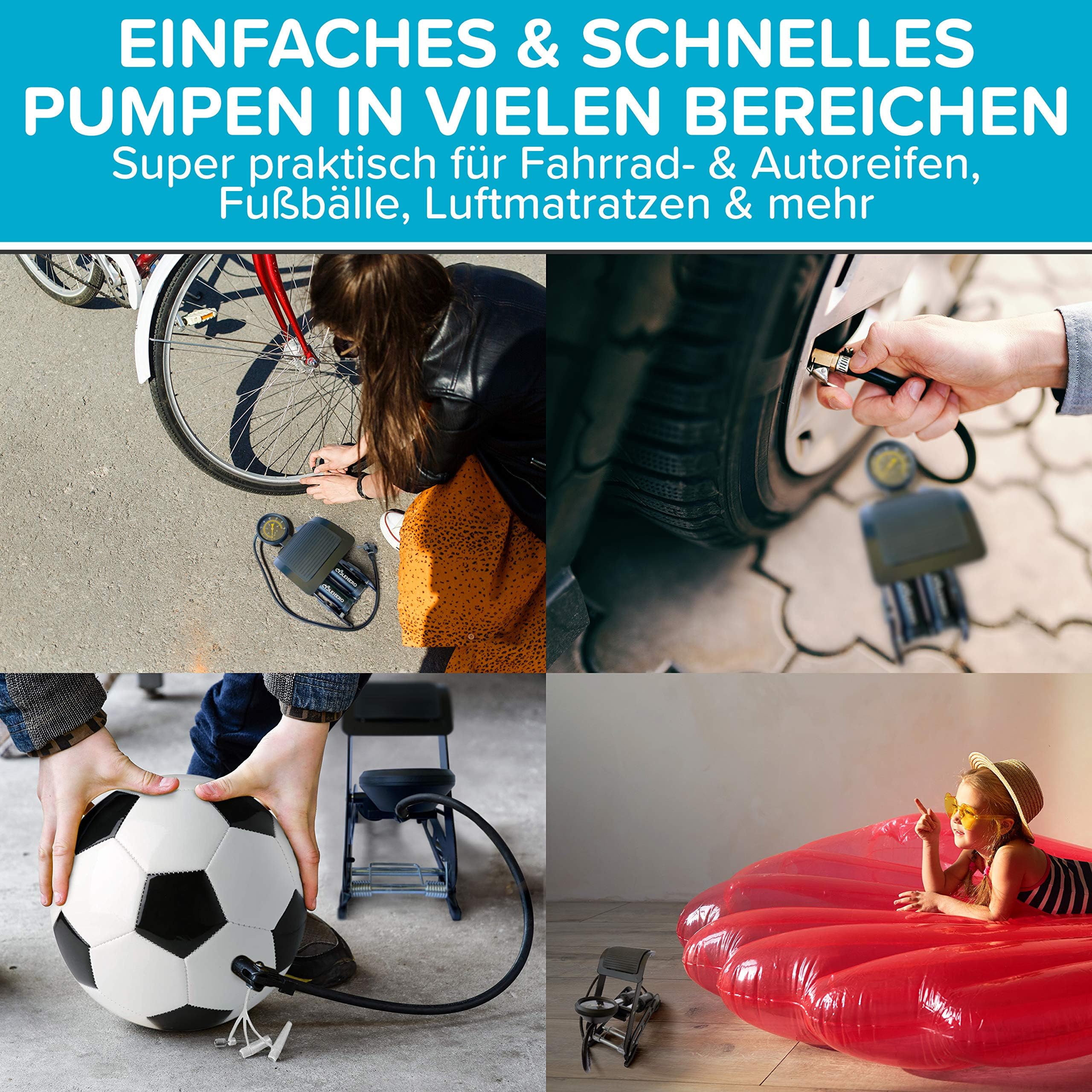 Fußpumpe mit Doppelzylinder und Manometer Test SEHR GUT - Fusspumpe für alle Ventile (Fahrradpumpe, Luftpumpe Auto) - Leistungsstarke Luftpumpe Fuß - Hochwertige Fußluftpumpe von CYCLEHERO