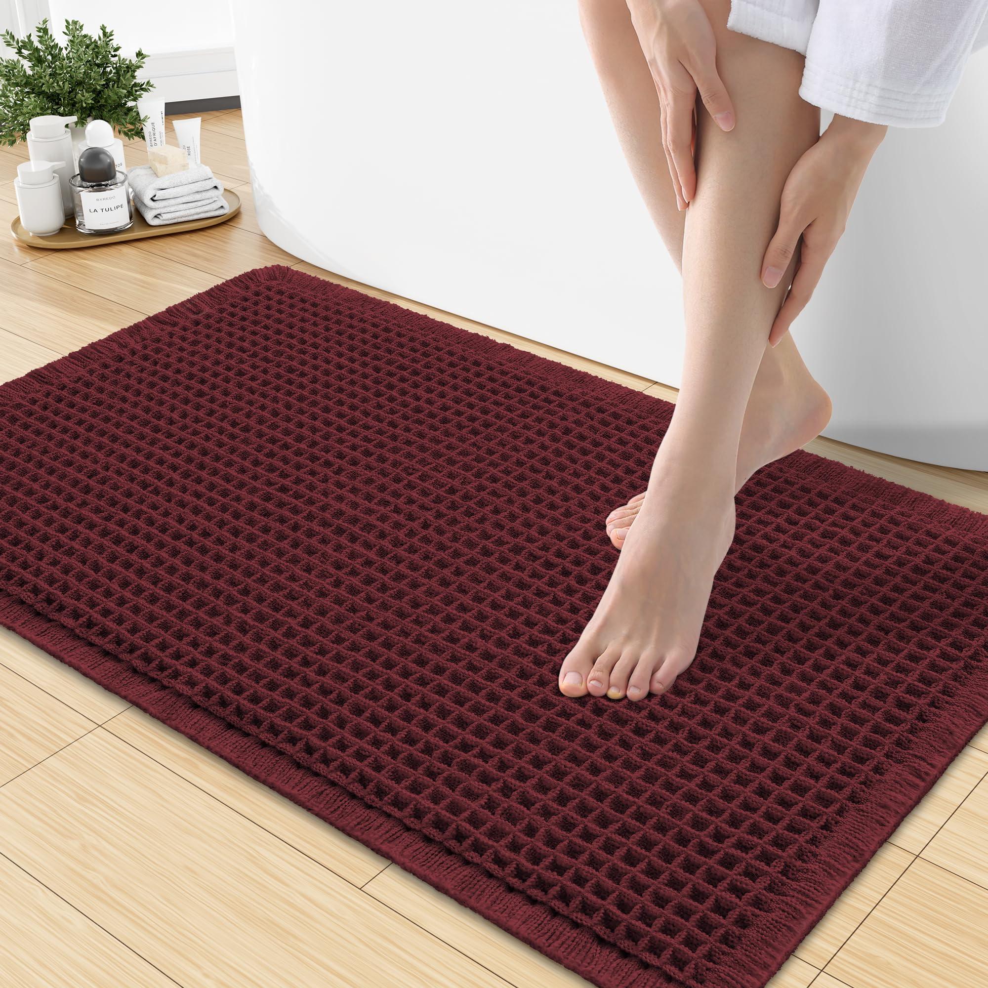 Smiry Waffle Bath Mat 30X18, Extra Soft Absorbent Bathroom Rugs, Burgundy