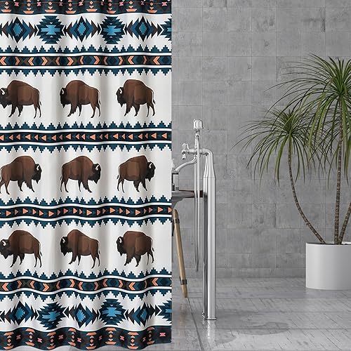 Miniatura 3 de AMAJY Cortina de ducha rústica del suroeste nativo americano, símbolo búfalo, bisonte, decoración de baño, accesorio de baño