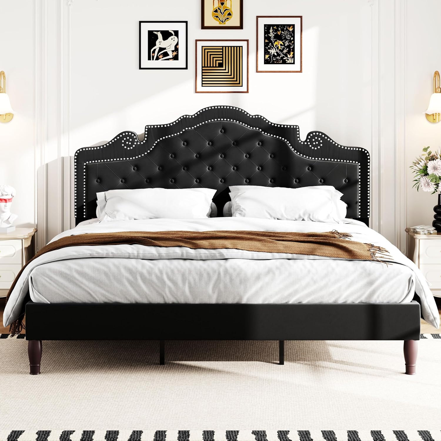 WEEWAY King Size Platform Bed Frame with Velvet Adjustable Tiara Curved Headboard and High Resilience, Upholstered Diamond Button Tufted with Wood Slats/No Box Spring Needed/Black