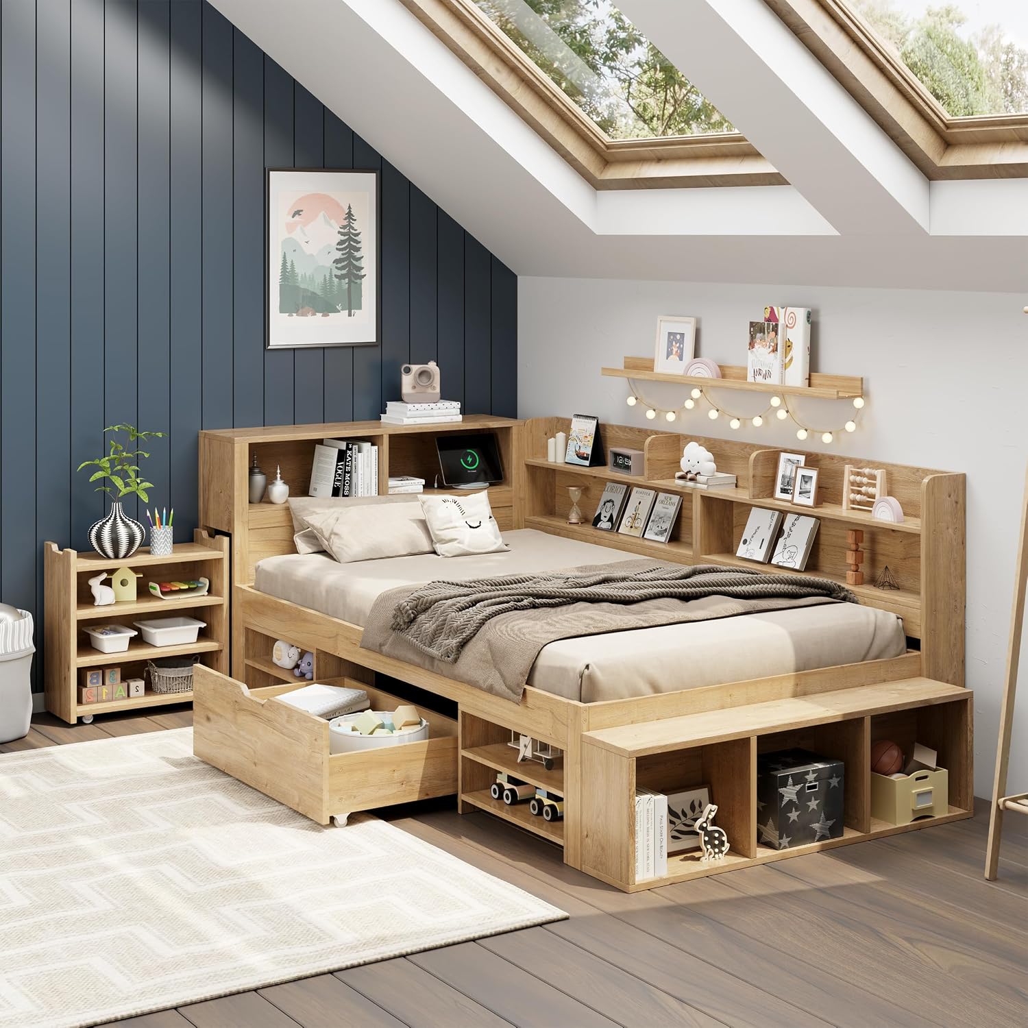 Childrens Bed 90 x 200 cm Single Bed Multifunctional Wooden Bed with Drawers Bookshelf and Storage Cabinet Large Storage Space Slatted Frame without Mattress Natural