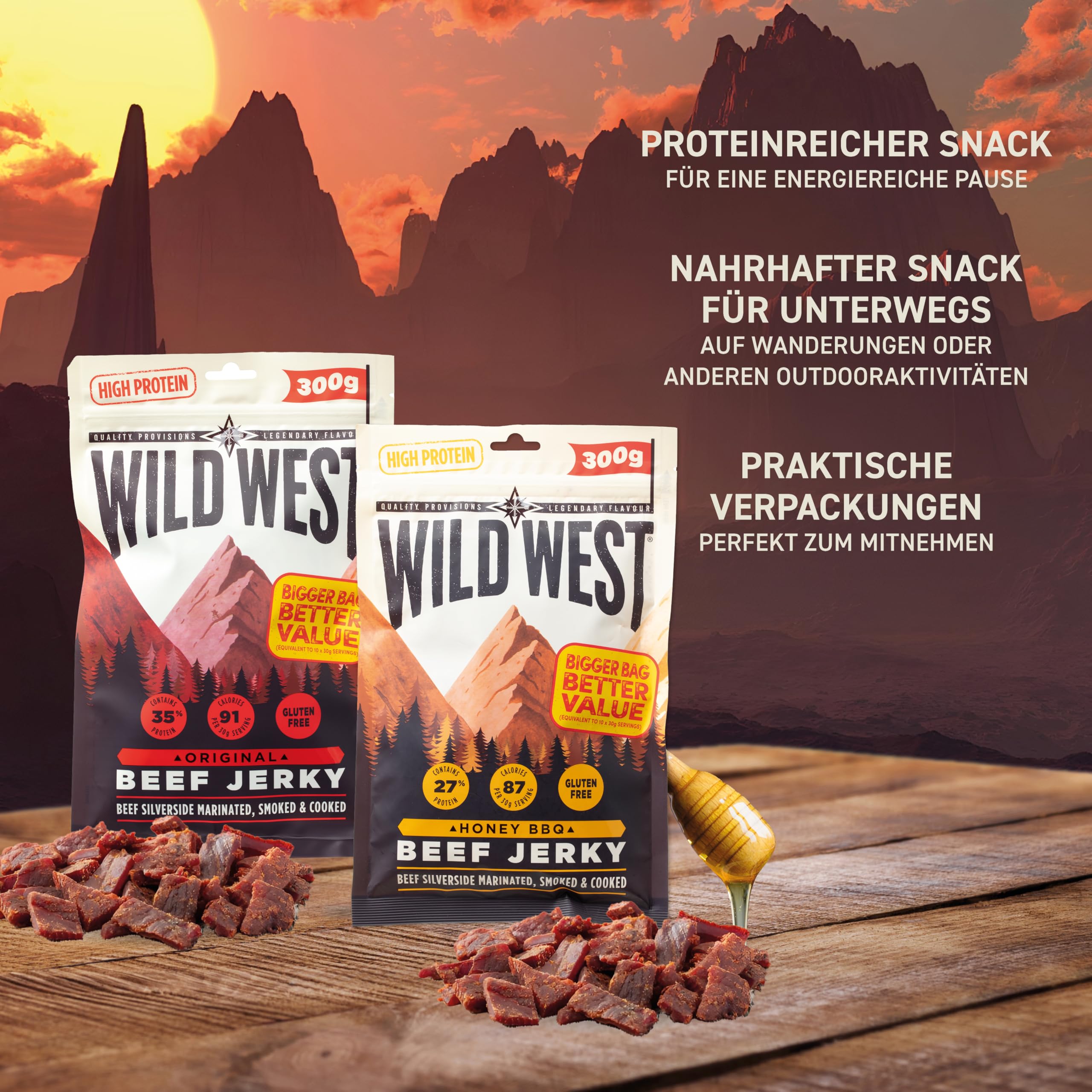 Wild West Beef Jerky, high Protein Trockenfleisch Bundle, Beef Jerky Protein Snack, 300g Honey BBQ & 300g Orginal, Rinderdörrfleisch