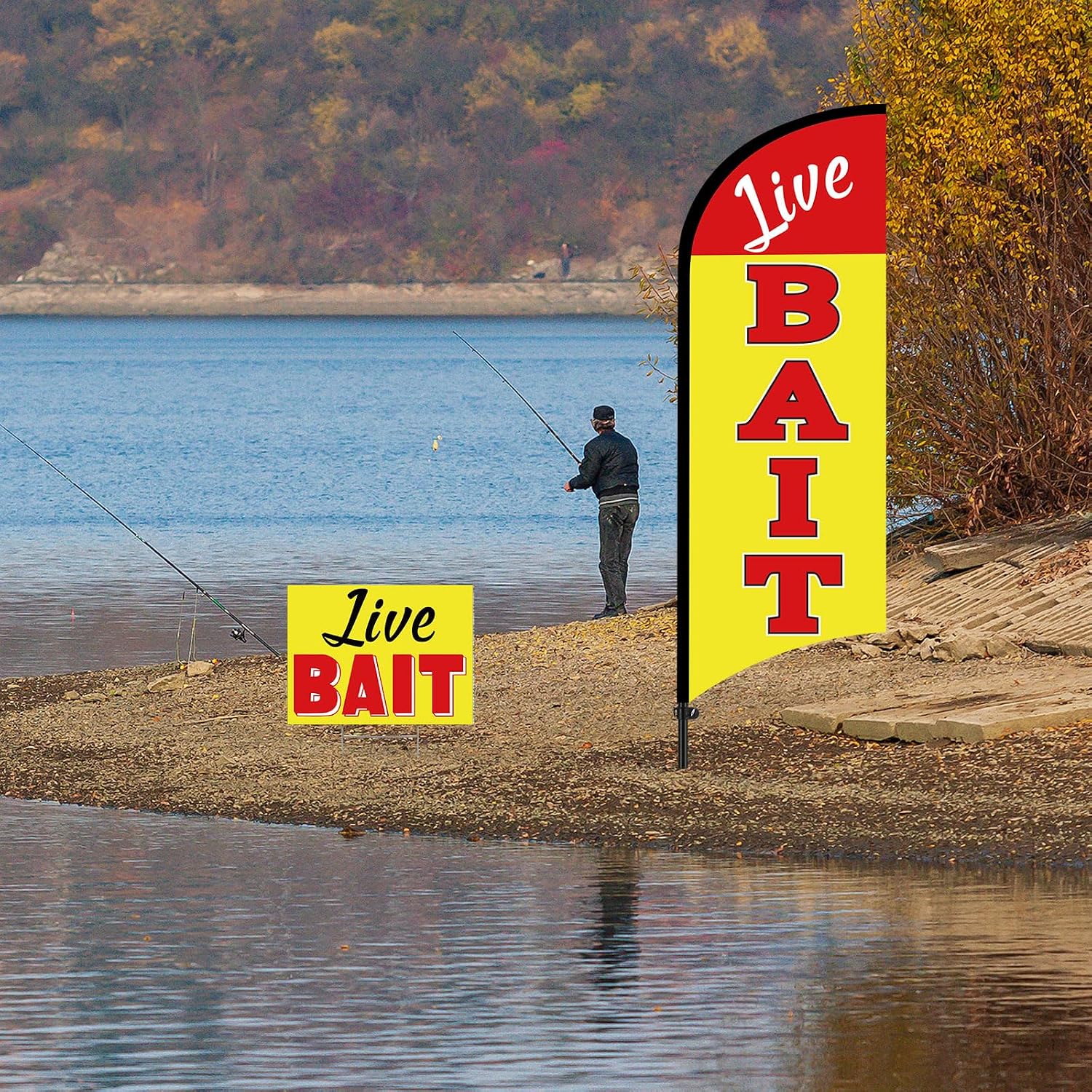 Breling Live Bait Sign Flag Pole Kit Include 7FT Feather Banner Flag with Poles 5 Pcs 16"x12" Live Bait Yard Signs Double Sided and Ground Stakes for Business Fishing Gear Stores Docks Stand Decor