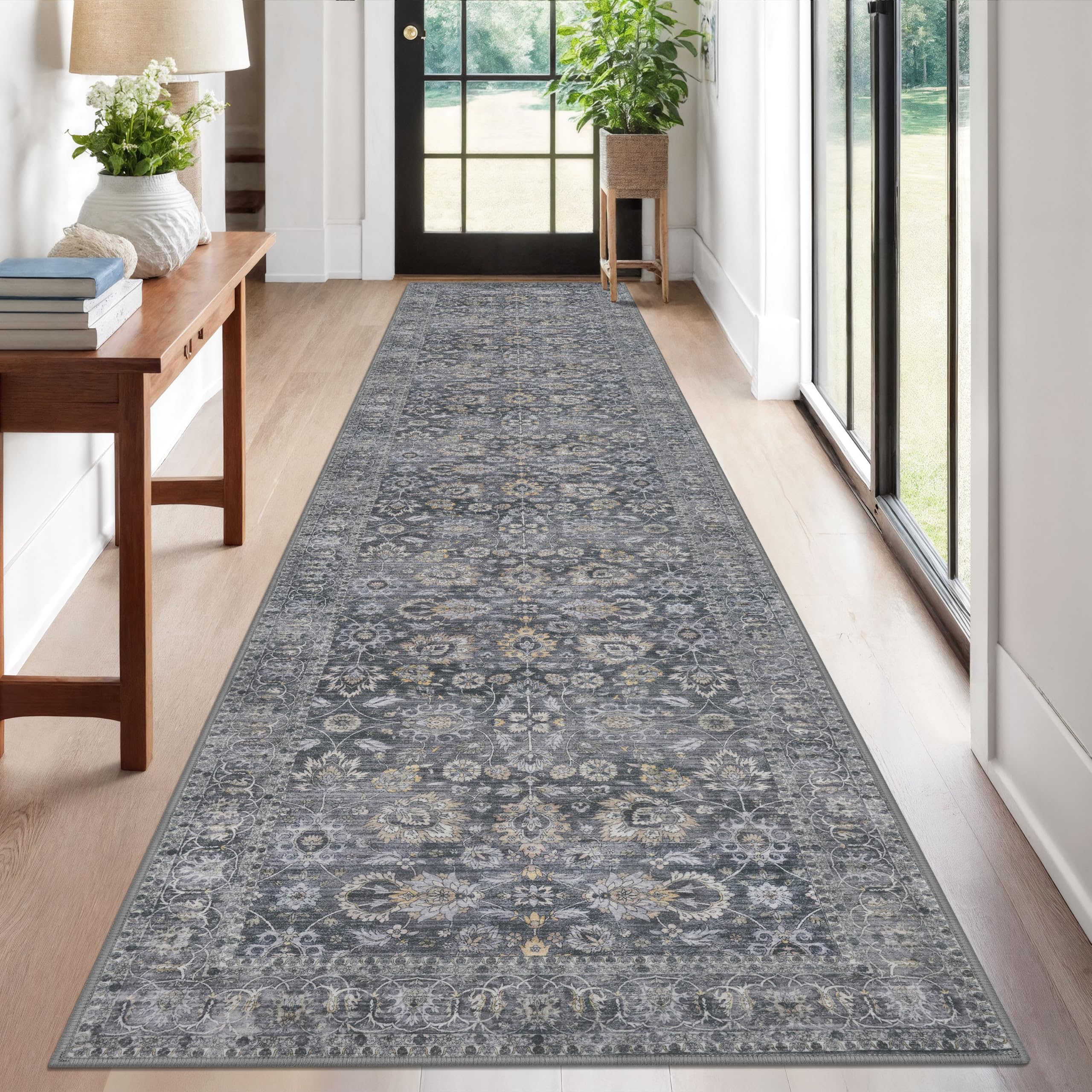 KOZYFLY Vintage Floral Washable Runner Rug 2.6x12 Grey — image 1