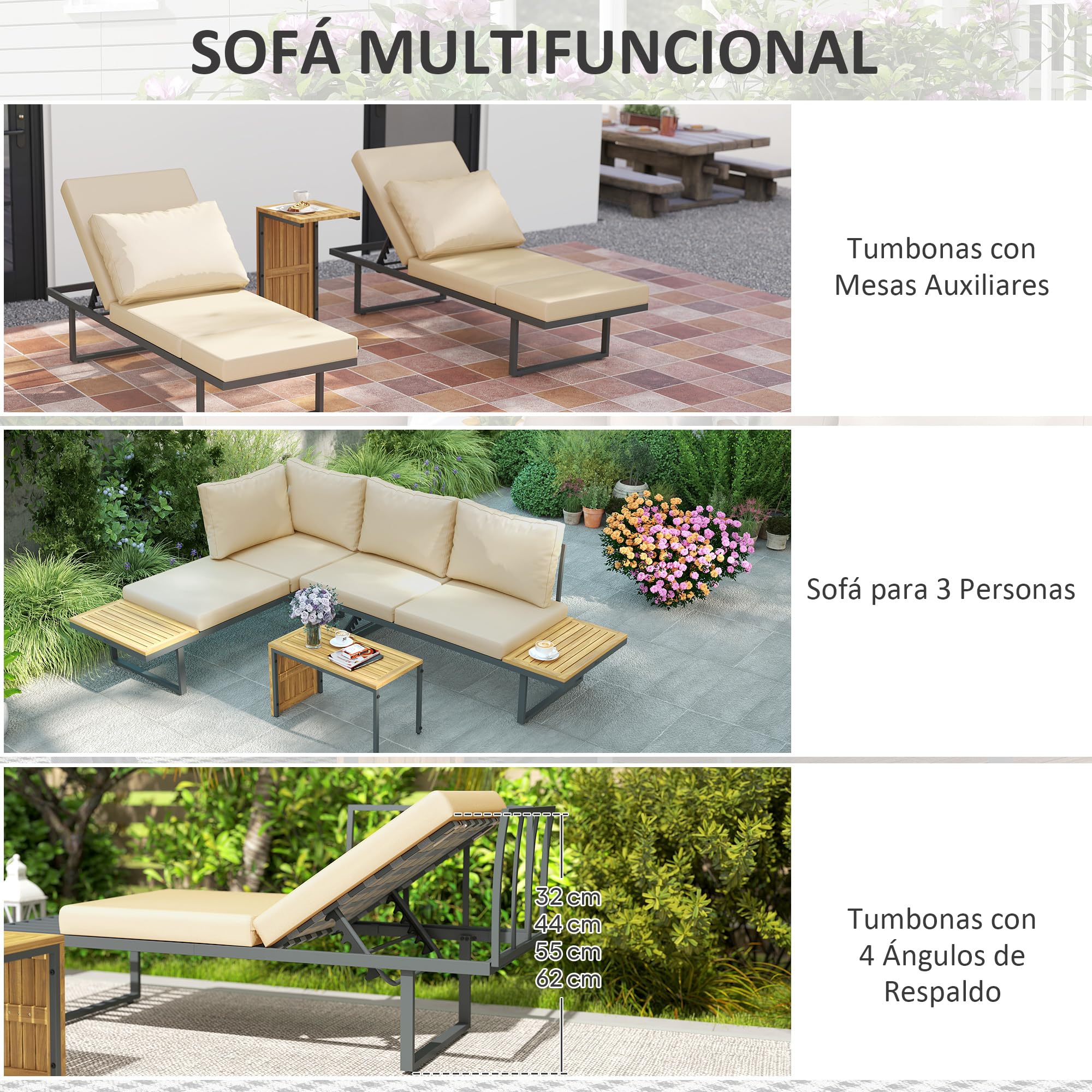 Outsunny Conjunto de Muebles Jardín Exterior Sofás de Exterior en Forma de L Tumbona con 2 Sofás de 3 Plazas Asiento Ajustable y Mesa de Madera de Acacia Versátil con Cojines Beige y Gris