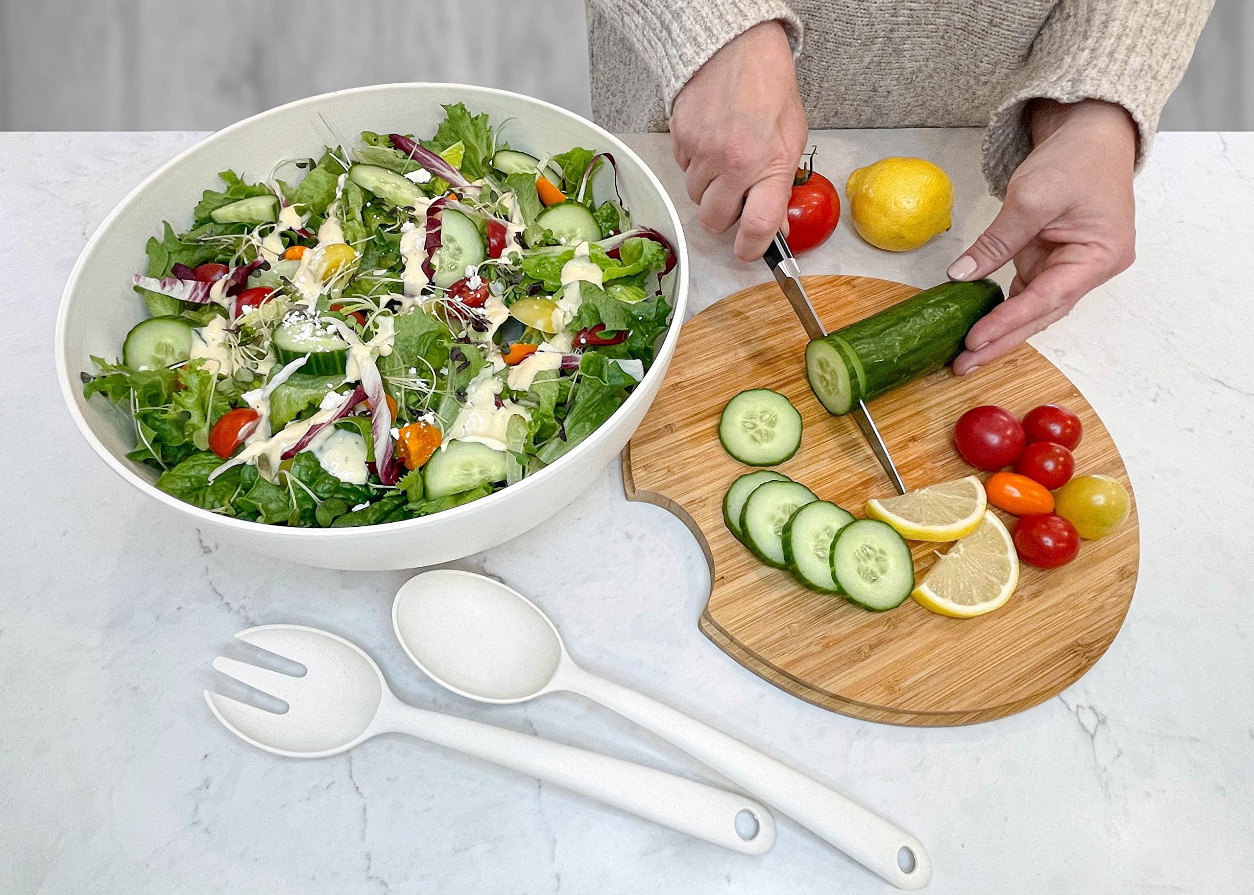 Grande ciotola per insalata e servire con coperchio in legno di bambù e server, set da 8 pezzi, 29,2 cm e 20,3 cm in fibra di bambù con top in legno (bianco naturale)