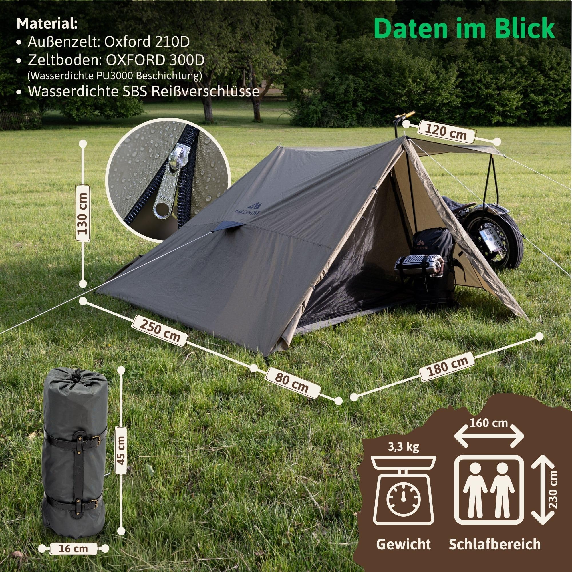 MALIHINI Tente de moto [2 personnes] – Tente de moto avec petite taille pliée, imperméable | Bâche de moto et auvent | Tente de motard pour motards | Vélo et camping