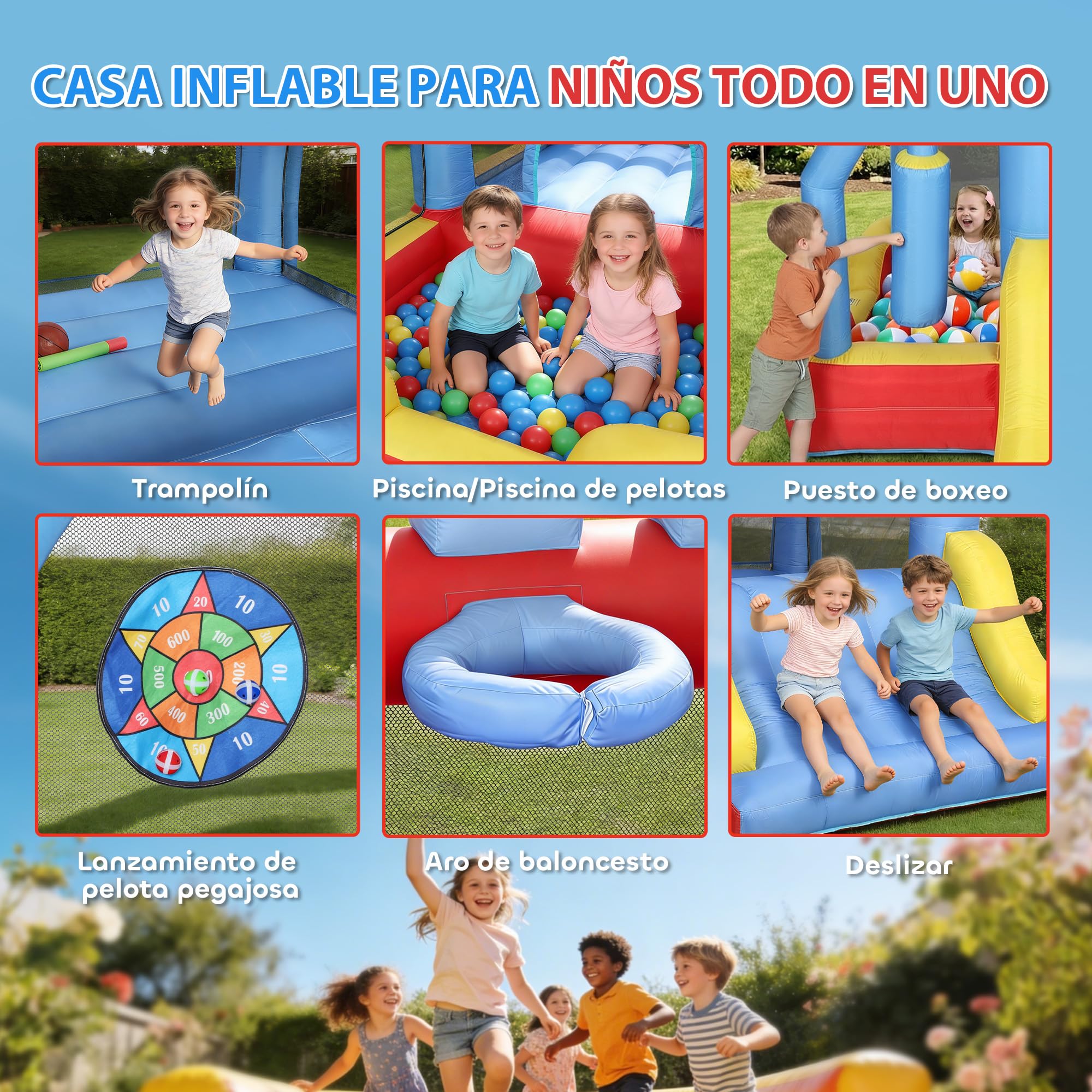 AIYAPLAY Castillo Hinchable para Niños con Soplador, Castillo Hinchable con Tobogán, Zona de Salto, Piscina, Pilar de Boxeo y Aro de Baloncesto, para Niños 3-8 Años, Interior, Exterior, 277x270x215 cm