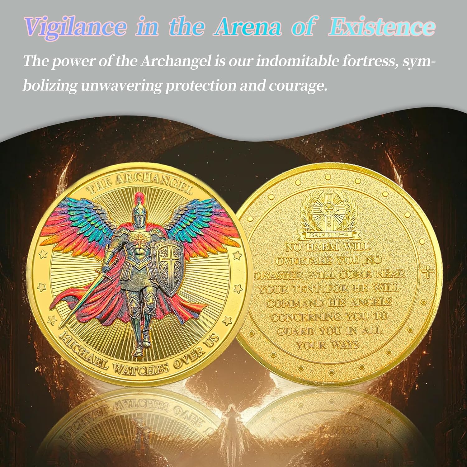 24Pcs The Archangel Michael Watches Over Us - St Michael Challenge Coin - Psalms 91:10-11 - Lucky Guardian Amulet for Military, Police, Christian Church, School, Friends and Family (Golden)
