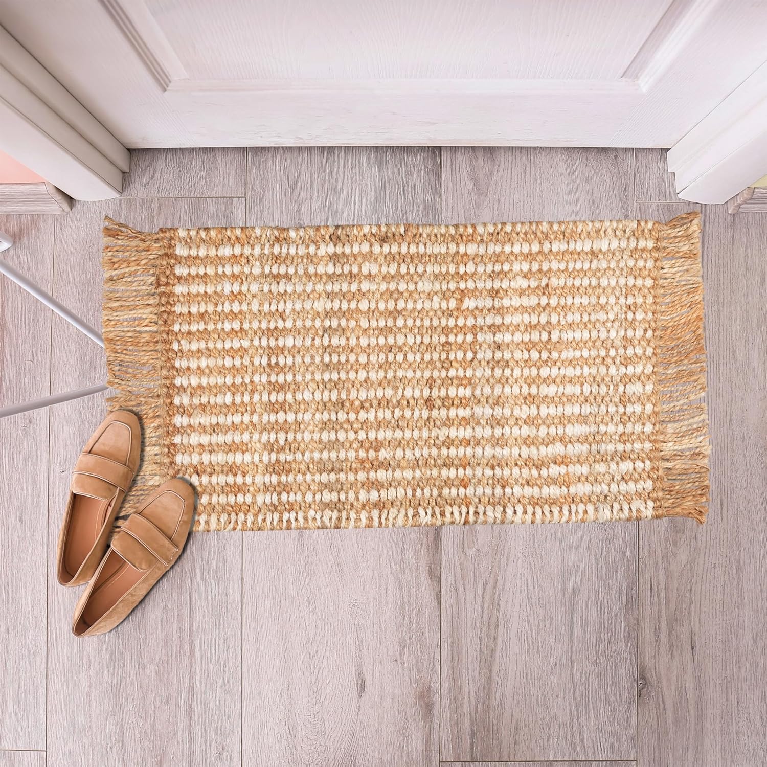 Goroly Home Hand Woven Jute Braided Rug 2x3 Feet Plain Weave - Natural Color, Reversible Boho Entry Area Rugs for Kitchen, Living Room I Farmhouse Indoor Outdoor Decorative Floor Rug - 24x36 Inches