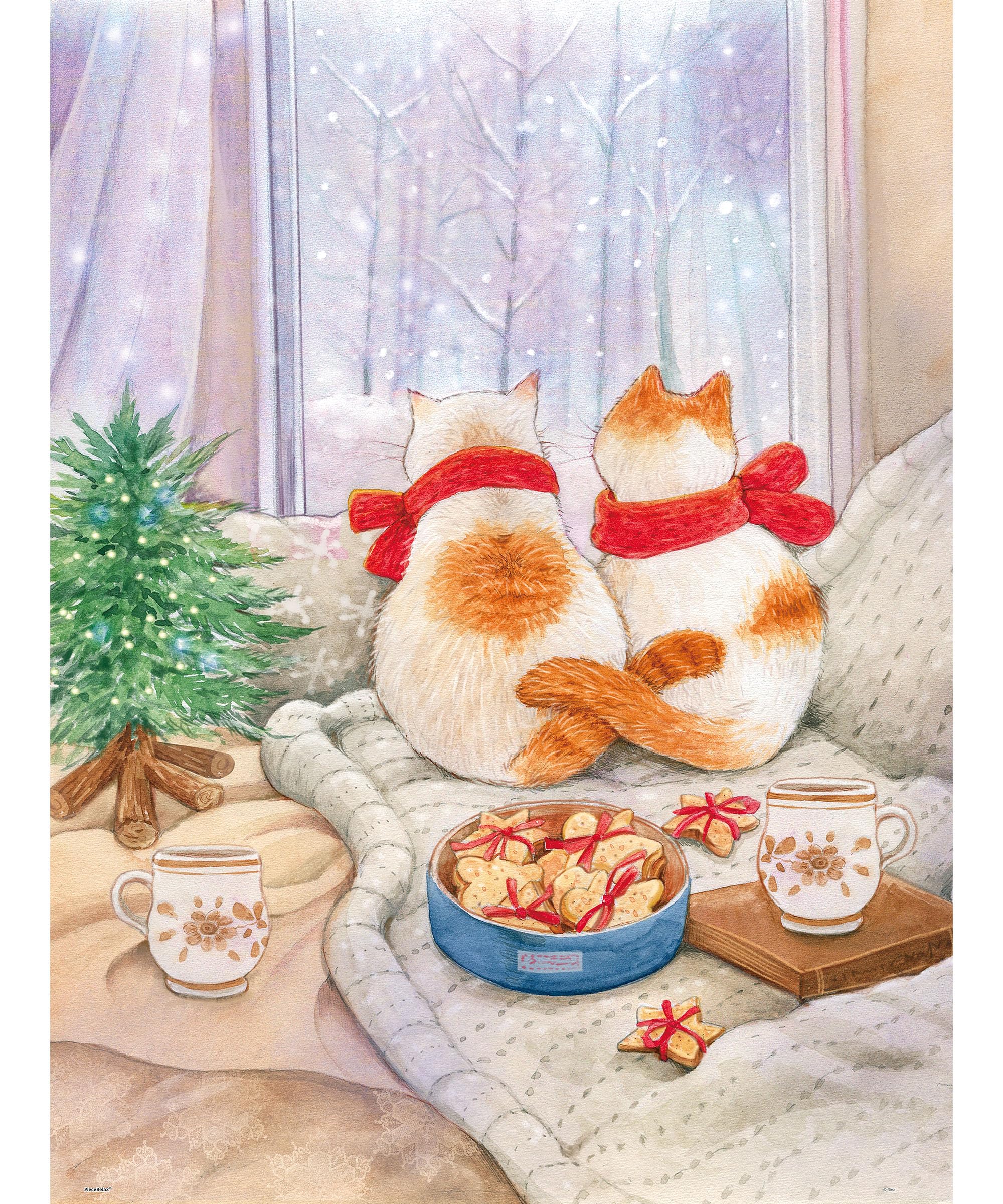 PieceRelax PieceClicks Plastic Jigsaw Puzzles for Adults 1000 Pieces Cozy Cat Puzzle Jina - First Snow - 25.2 x 18.9 Inches, Winter Window Scene Jigsaw Puzzle [U1053]