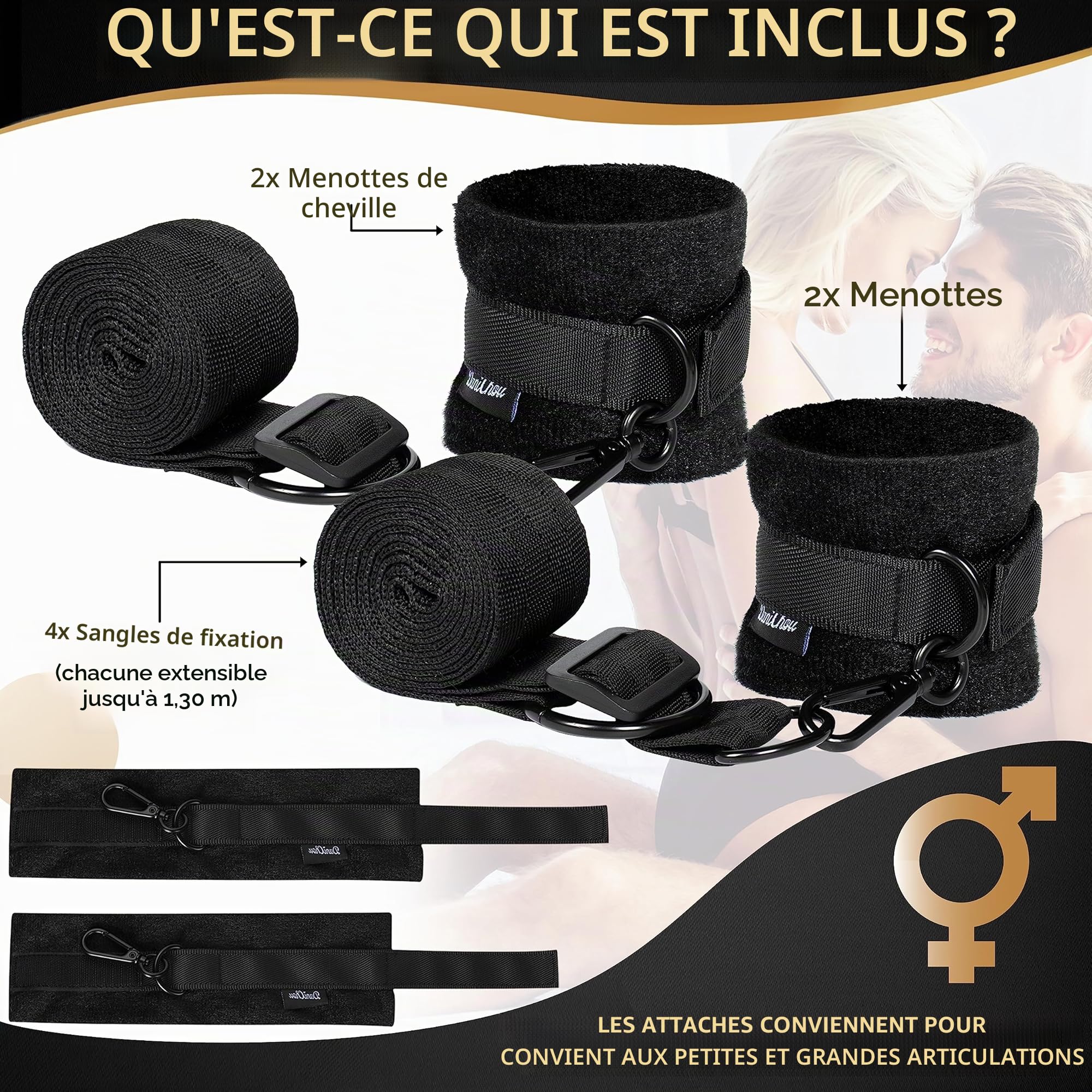 Menottes de lit - FlexBind Sex Set, Fixation au pied du meuble, Sex Toys, Menottes pour femme/homme, Set de menottes BDSMS Toys, Set de bondage Set de menottes, Jouets sexuels pour couples