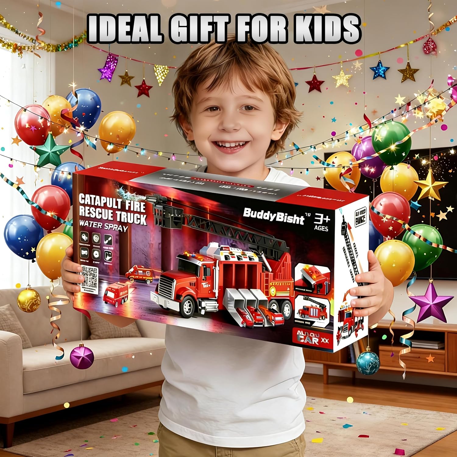 Inertial Drive Fire Truck Toy for 2 Year Old 27+'' Liftable Ladder/180° Rotatable Water Sprinkler , 6 Alloy Rescue Car Fire Trucks Playset, Light/Sound Firetruck Toys 3-5 Years Old w/Openable Carriage