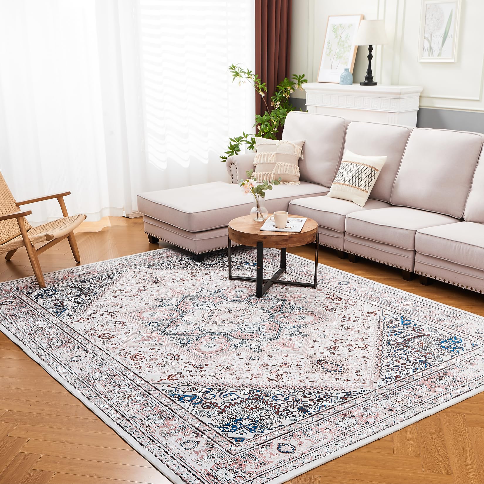 OIGAE Washable Rug 5x7 for Living Room Farmhouse Vintage Boho Area Rug for Bedroom Dinning Room Office Non-Shedding Indoor Rug Home Decor