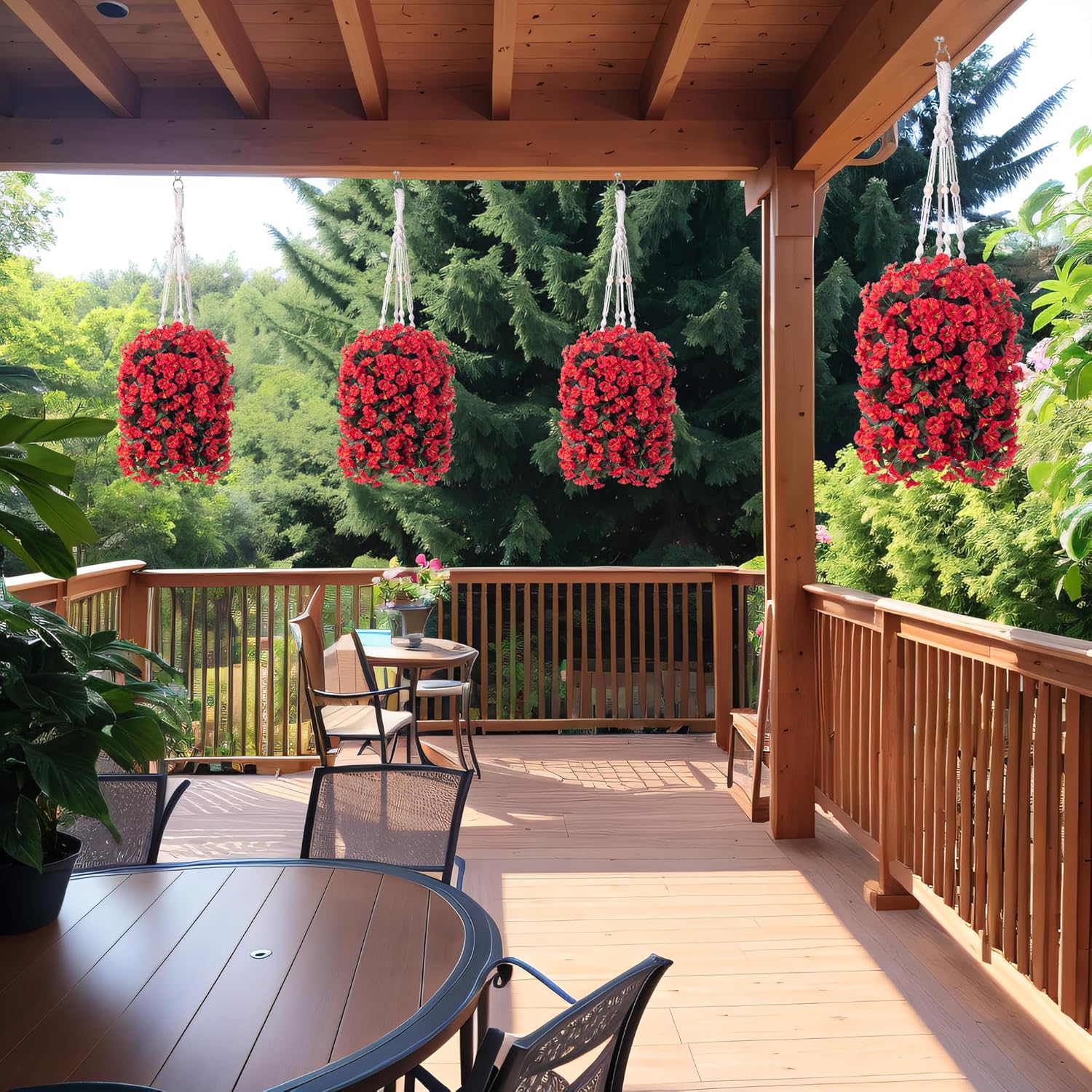 Artificial Hanging Flowers Baskets Fake Plants for Outdoors Spring Decoration, 4 Bundles Red Long Faux Silk Morning Glory Vines Realistic UV Resistant Look Real for Front Door Porch Patio