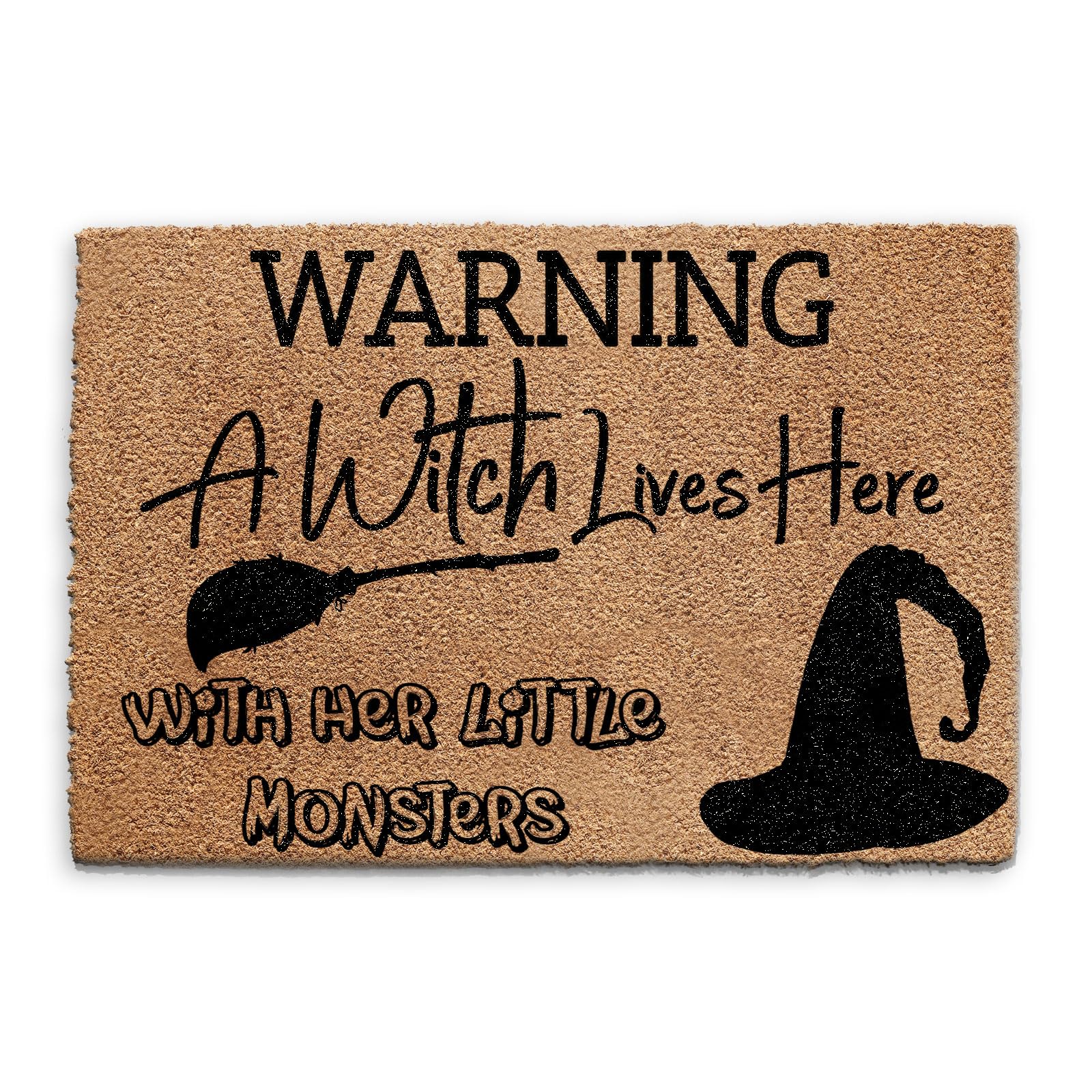 Hairyworm Halloween Doormat (40cm x 60cm) Small, Warning A Witch Lives Here with Her Little Monsters Front Door Mat, Coconut Core Fibre Heavy Duty Mat, Rug, Indoor Natural Coir Mat, Regular