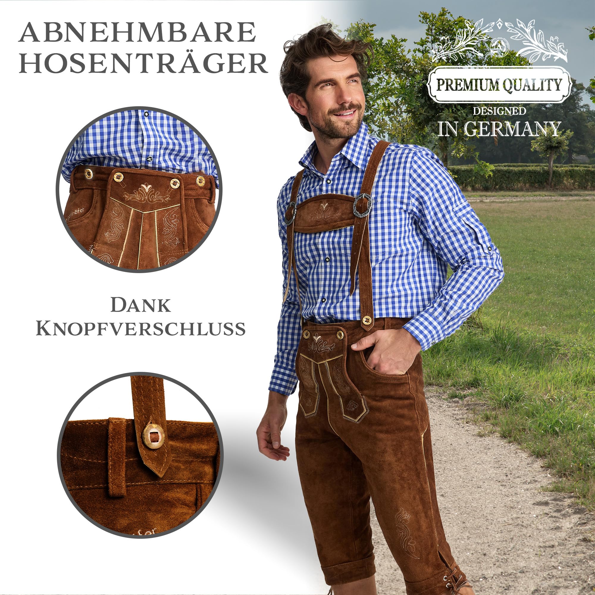 STEIGENHÖFER Lederhose Herren Tracht Kniebund - Reinhold - Trachtenhose mit Trägern - 100% Rindsleder - Traditionelle Echtlederhose - Ideal für Dein Oktoberfest Herren Outfit