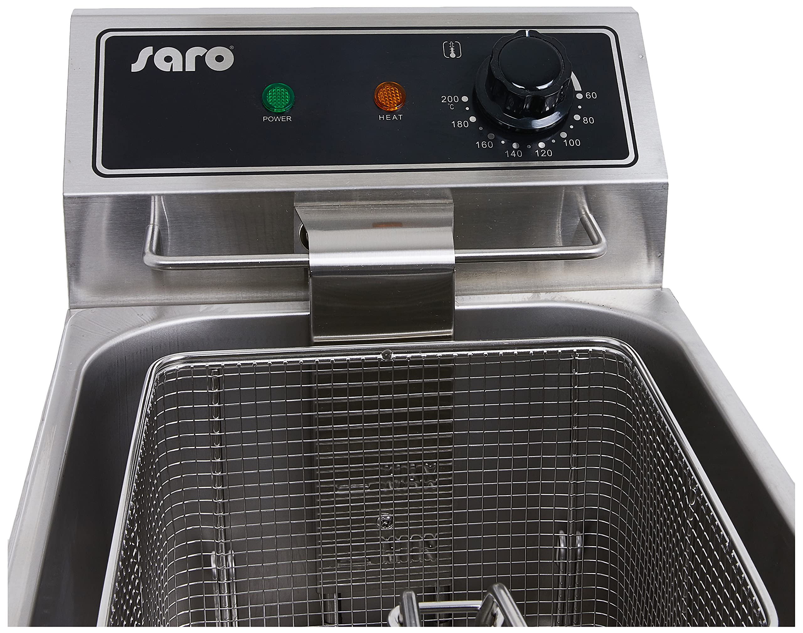 SARO Fritteuse – 8 L – Edelstahl – Temperatur 60–200 °C – Ablasshahn – Kältezone – Herausnehmbares Heizelement – Sicherheitsthermostat – 3 kW – Modell EF 8