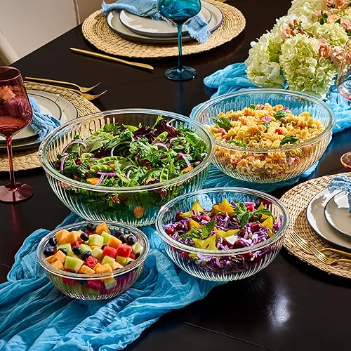 Miniatura 9 de Tazones para mezclar de vidrio acanalado de 8 piezas con tapas herméticas a prueba de fugas, sin BPA, apilables, ahorro de espacio, almacenamiento