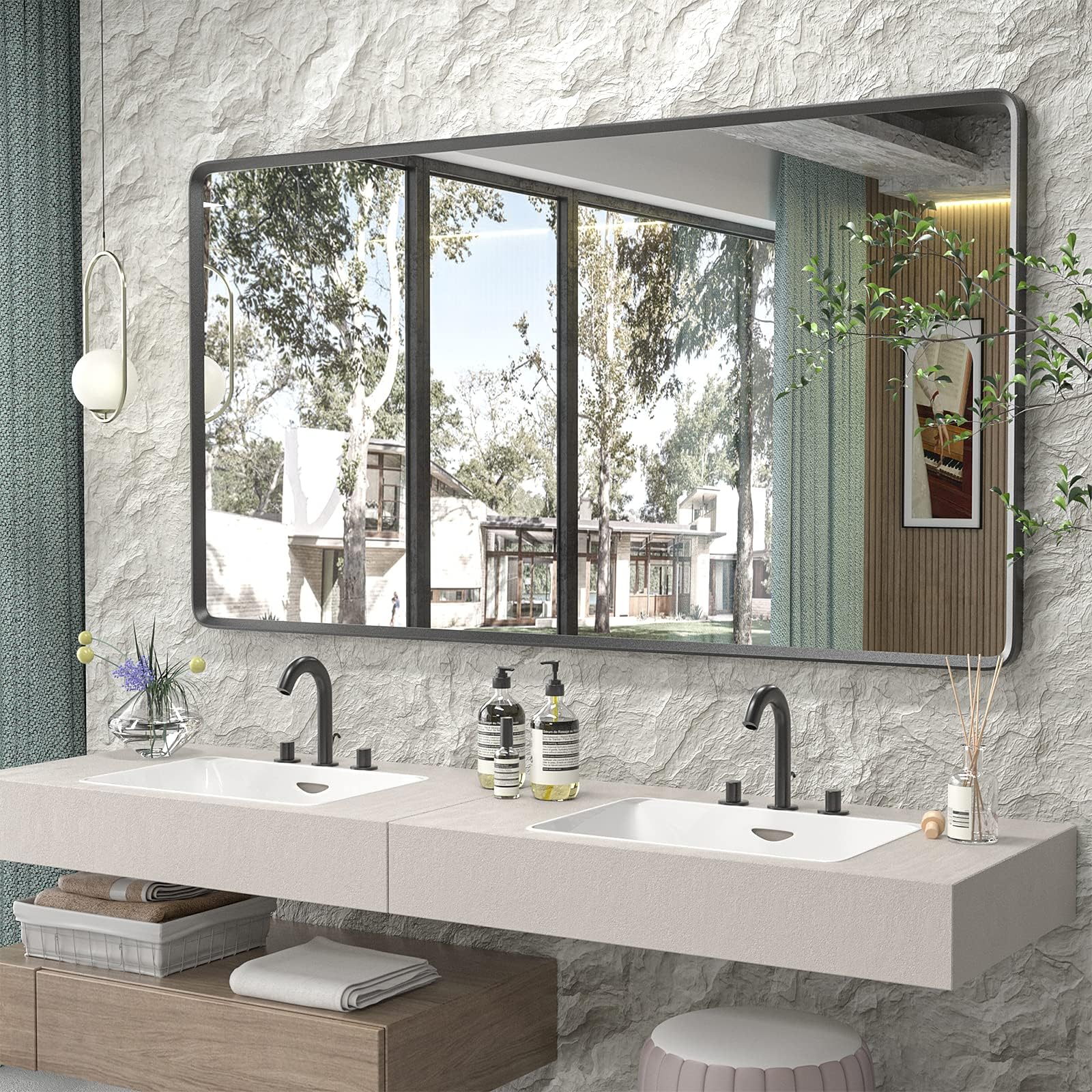 55x30 Black Matte Mirror for Bathroom, Black Metal Framed Rectangle Vanity Mirror, Large Rounded Mirror for Bathroom, Anti-Rust, Shatterproof (Horizontal/Vertical)