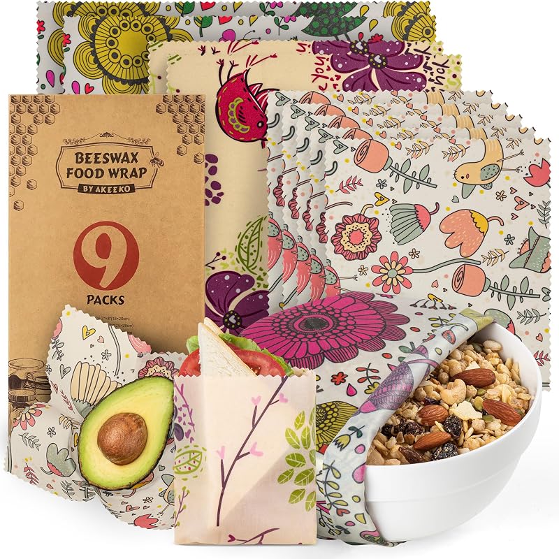 Reusable Beeswax Food Wraps - Assorted 9 Packs, Reusable, Plastic-Free Food Storage, 5 Small, 2 Medium, 1 Large, 1 Extra Large Wraps with Plants and Boho Birds Pattern