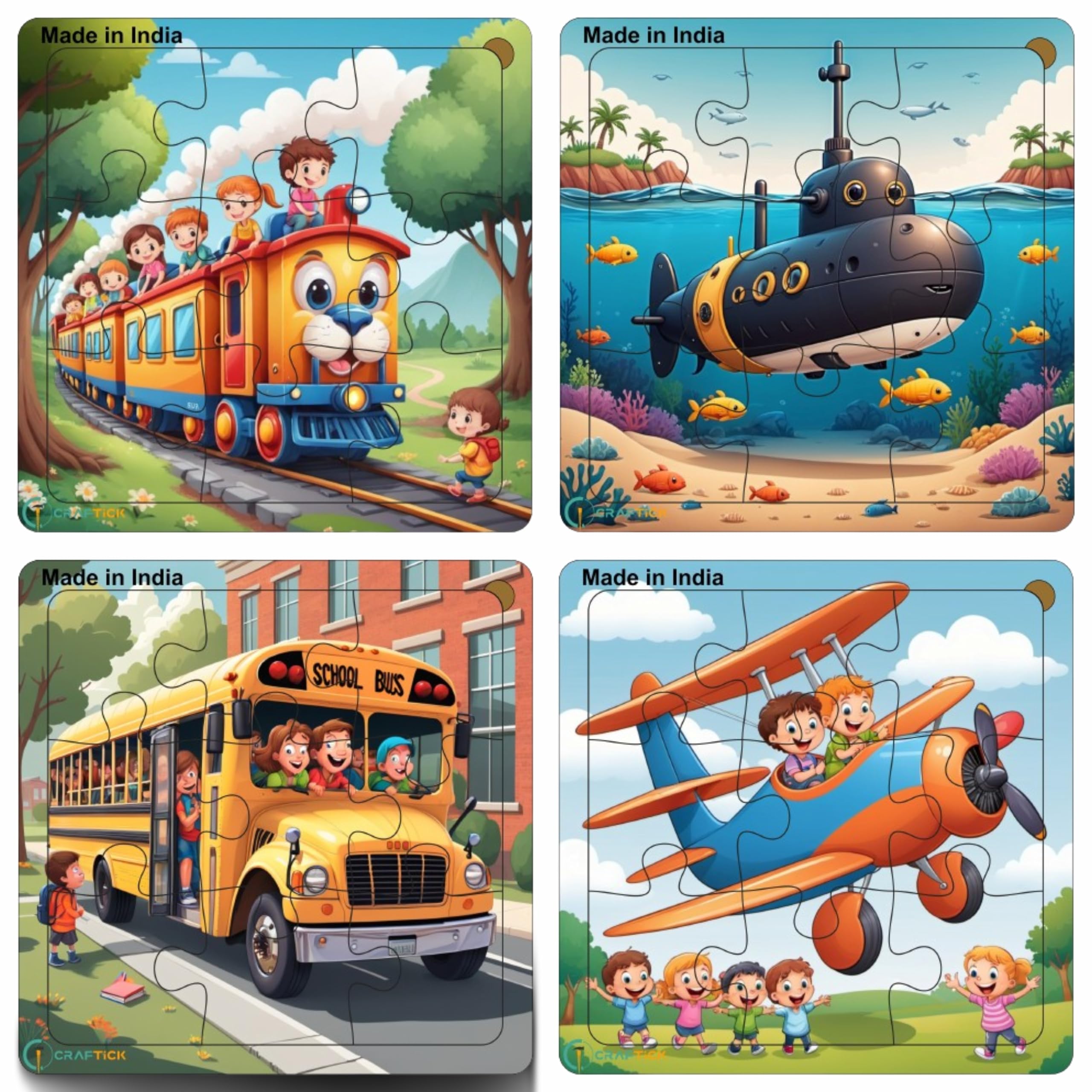 CRAFTICK Wooden Vehicle Puzzles Toy Gift for 2-6 Years Old Boys Girls, Kids Best Birthday Gift with 4 Vehicle, Baby Montessori Learning Puzzles (Train-Submarine-School Bus-Plane) (B0CZXP2F14) Amazon Price History, Amazon Price Tracker