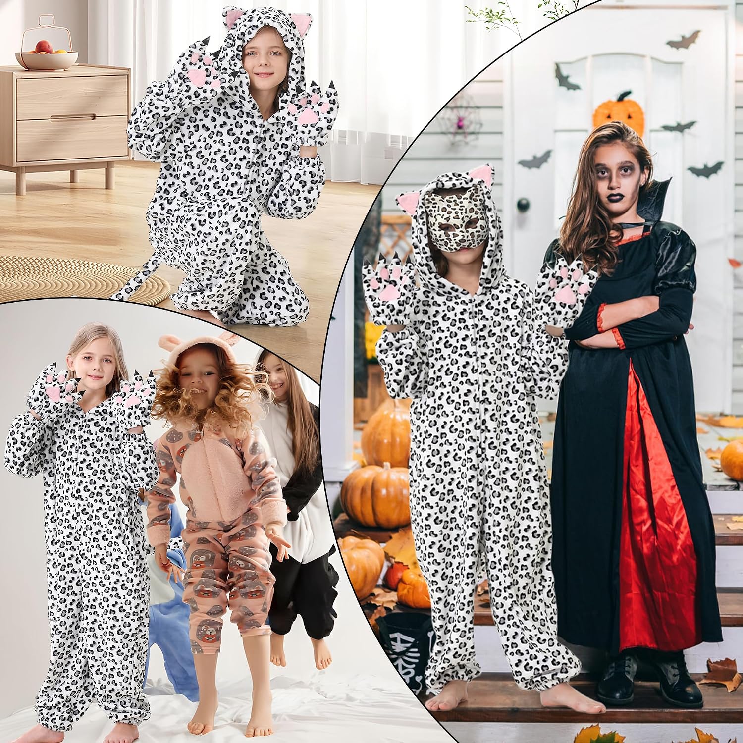 Ezuwail Cheetah Costume Kids Snow Leopard Costume Gloves Mask Cheetah Onesie Bodysuit Halloween Cosplay for Girls Boys