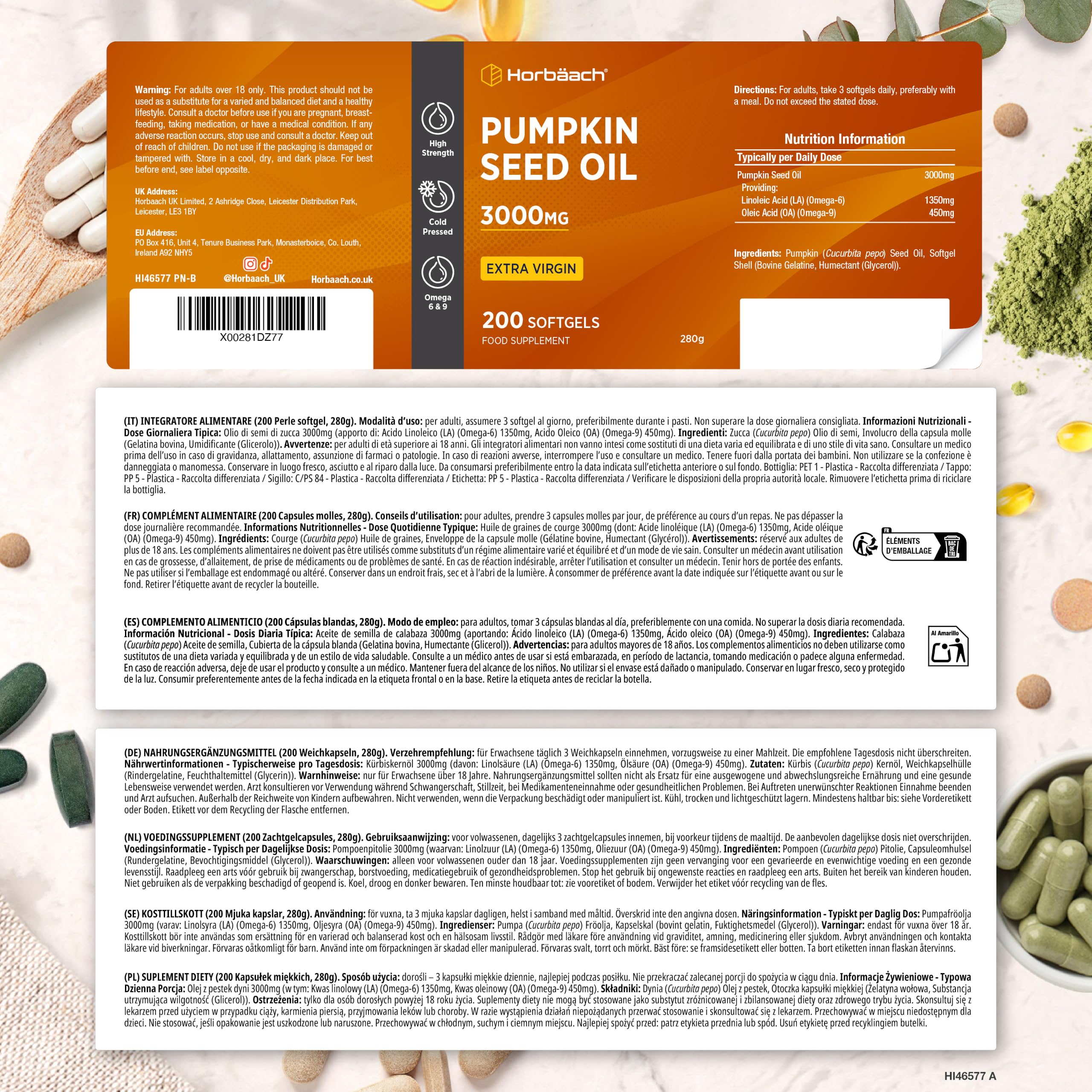 Huile de Pépin de Courge 3000mg | Pumpkin Seed Oil | 200 gélules | Huile de Graines de Citrouille | Pressé à froid et extra vierge | Horbaach