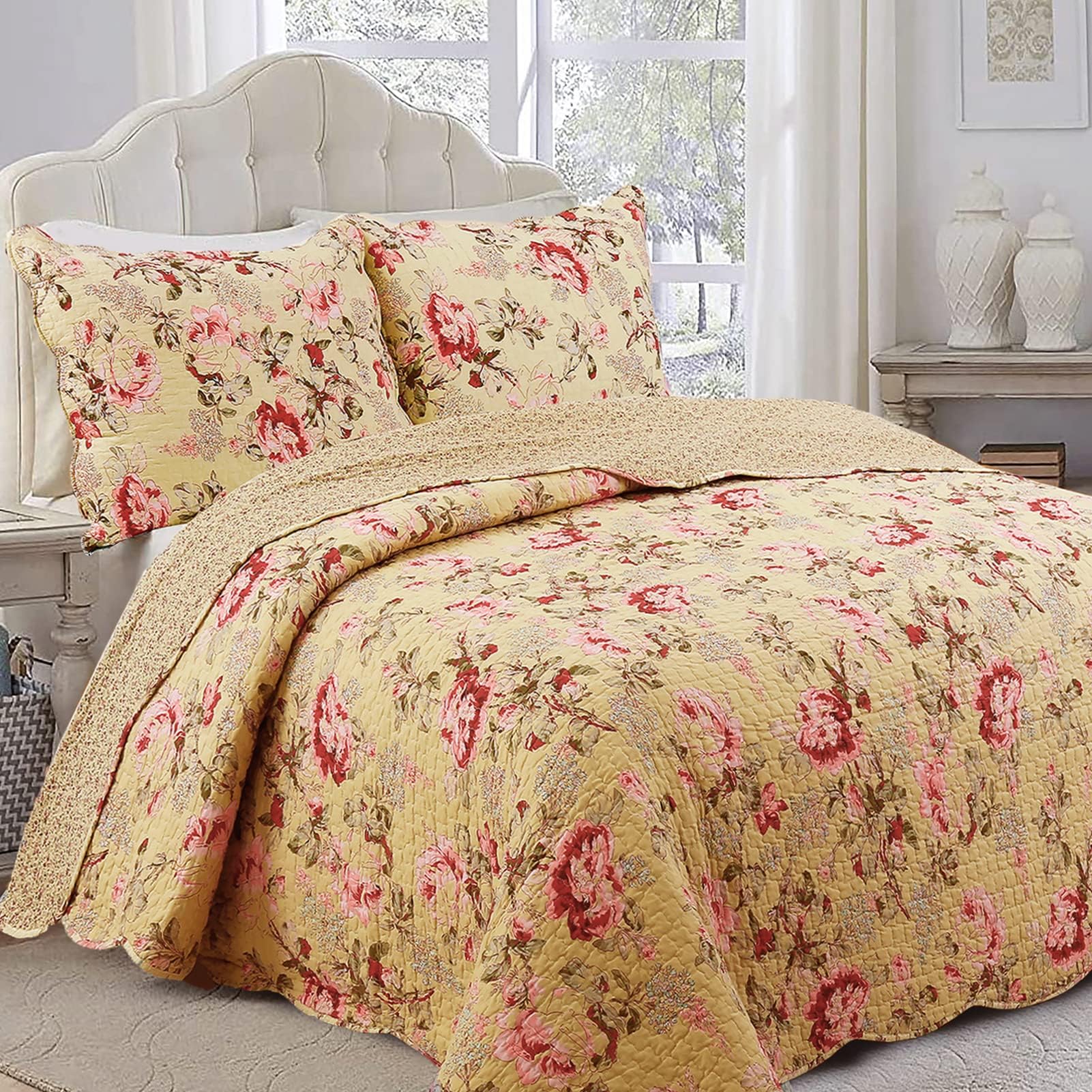 Cozy Line Home Fashions Lelia Pink Rose Blooming Floral Vintage Yellow 100% Cotton Reversible Quilt Bedding Set, Coverlet Bedspread (Rose Vivid, King - 3 Piece)