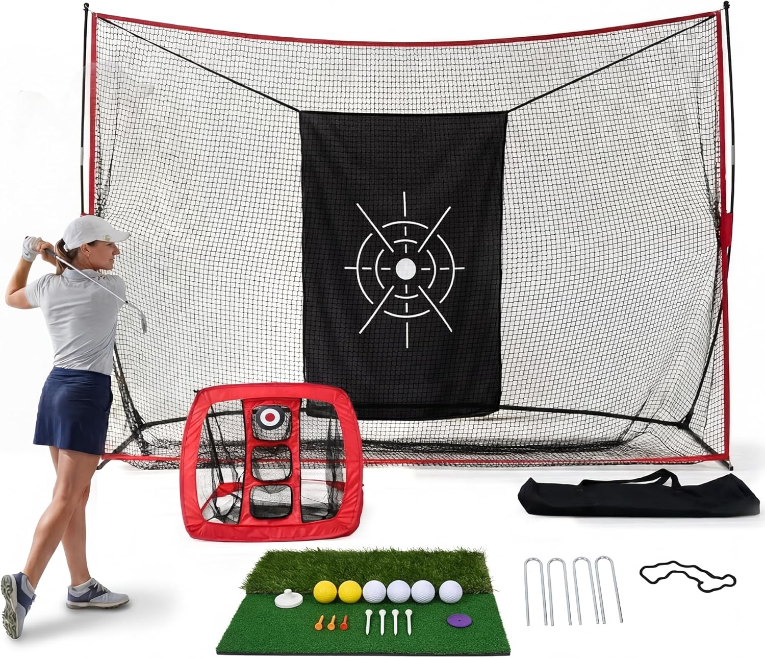 Golf Practice Net 10x7ft for Driving, Chipping, Putting, Backyard & Indoor Training Net with Chipping Targets, Mat, 8 Tees, 6 Balls, Carry Bag, Heavy Duty for Garage, Home Use