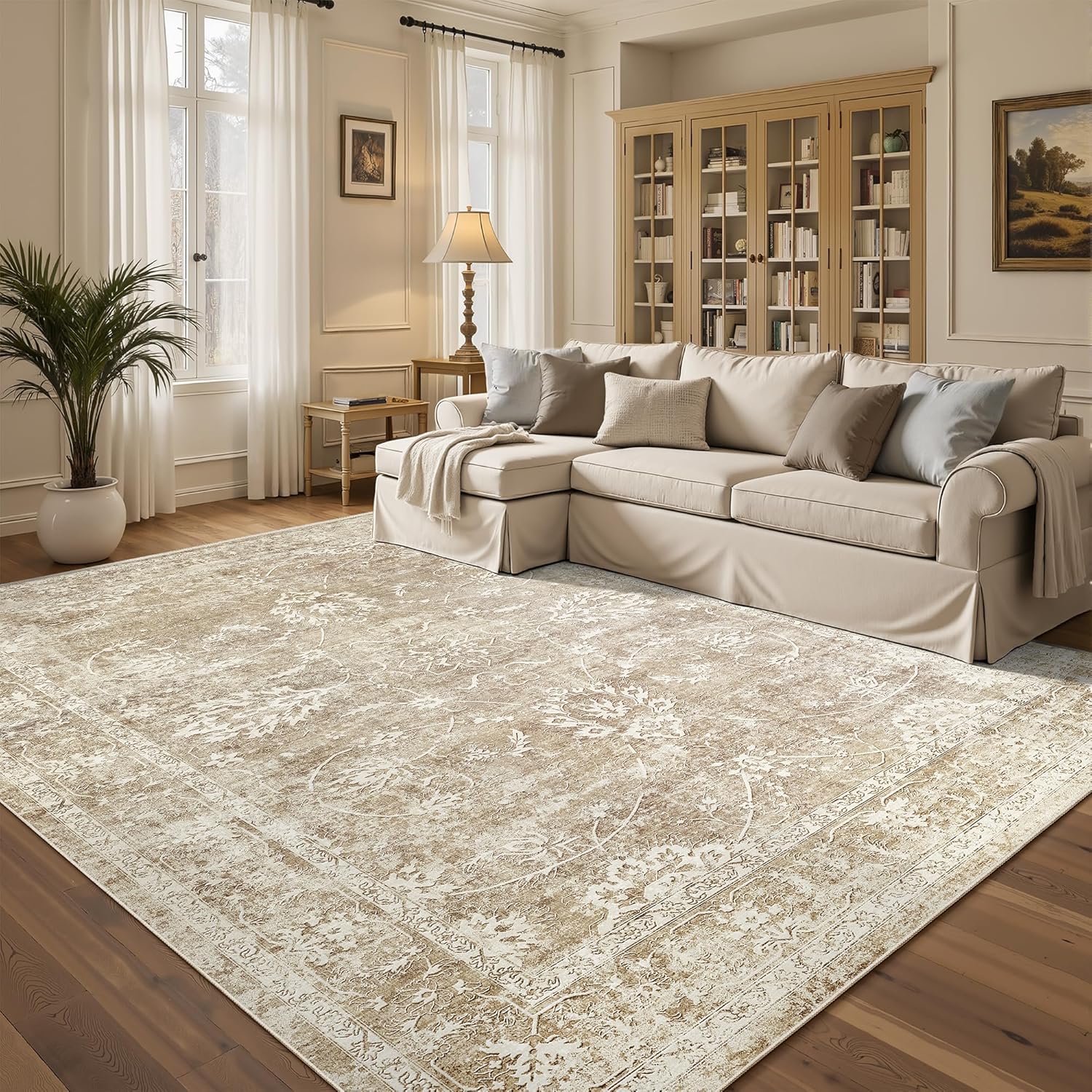 Madane Washable 6x9 Area Rugs for Living Room, Soft Floral Print Area Rug with Non Slip Backing, Vintage Stain Resistant Rugs with Low Pile for Bedroom Dining Room (6 x 9, Beige/Brown) Beige/Brown 6' x 9' (Rectangular)