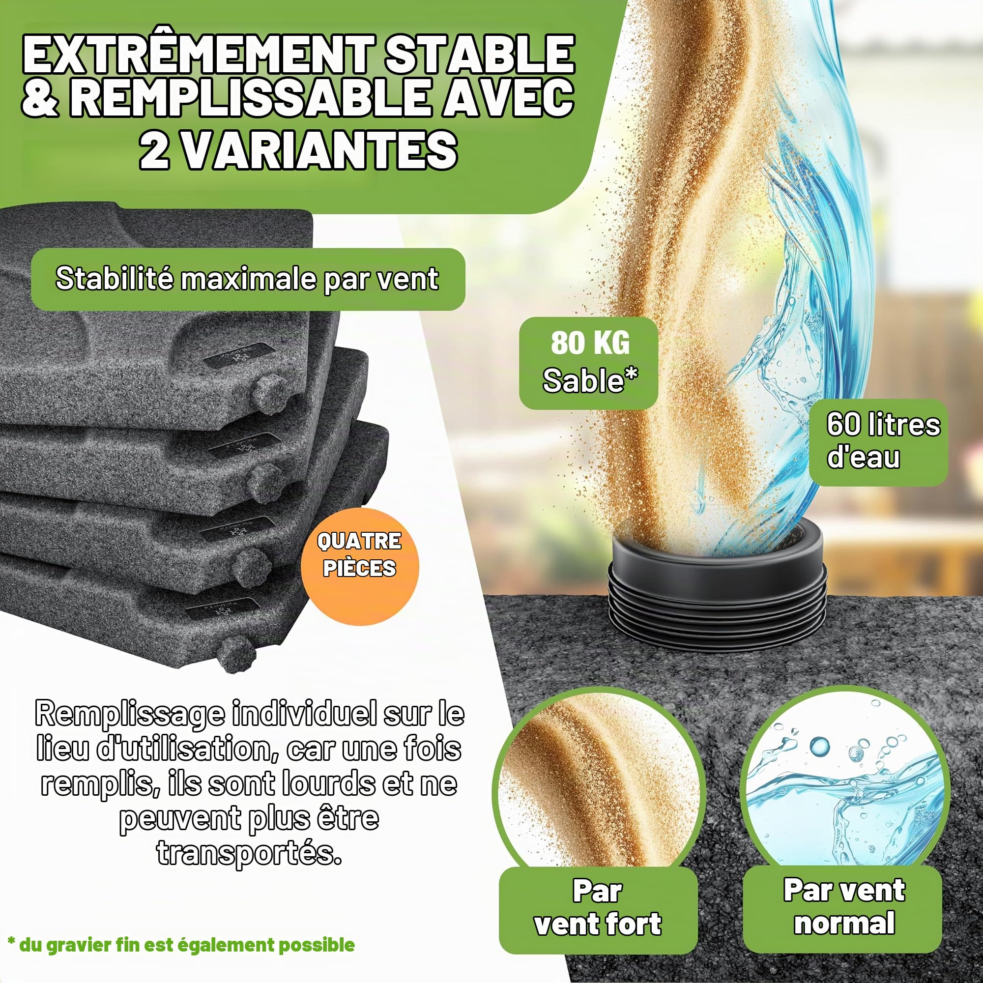 KESSER Lot de 4 pieds de parasol pour parasol déporté - 60 l/80 kg - À remplir avec de l'eau ou du sable - Avec connecteur en métal - Pied de parasol déporté en plastique