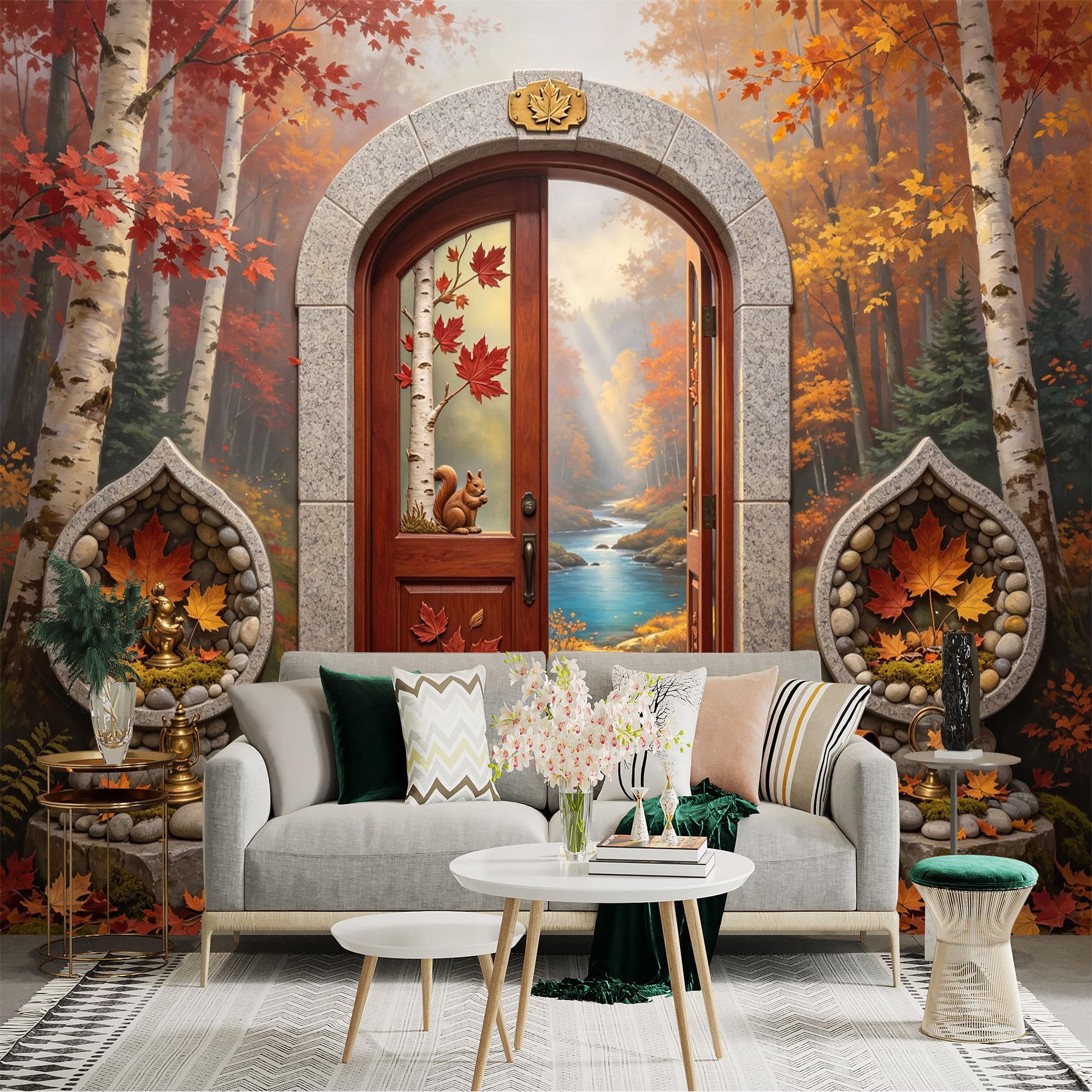 Custom Size Wall Sticker Mural， Autumn Forest Doorway with Maple Leaves， River Path and Birch Trees， for wall Decoration， peelandstick wall Decals.